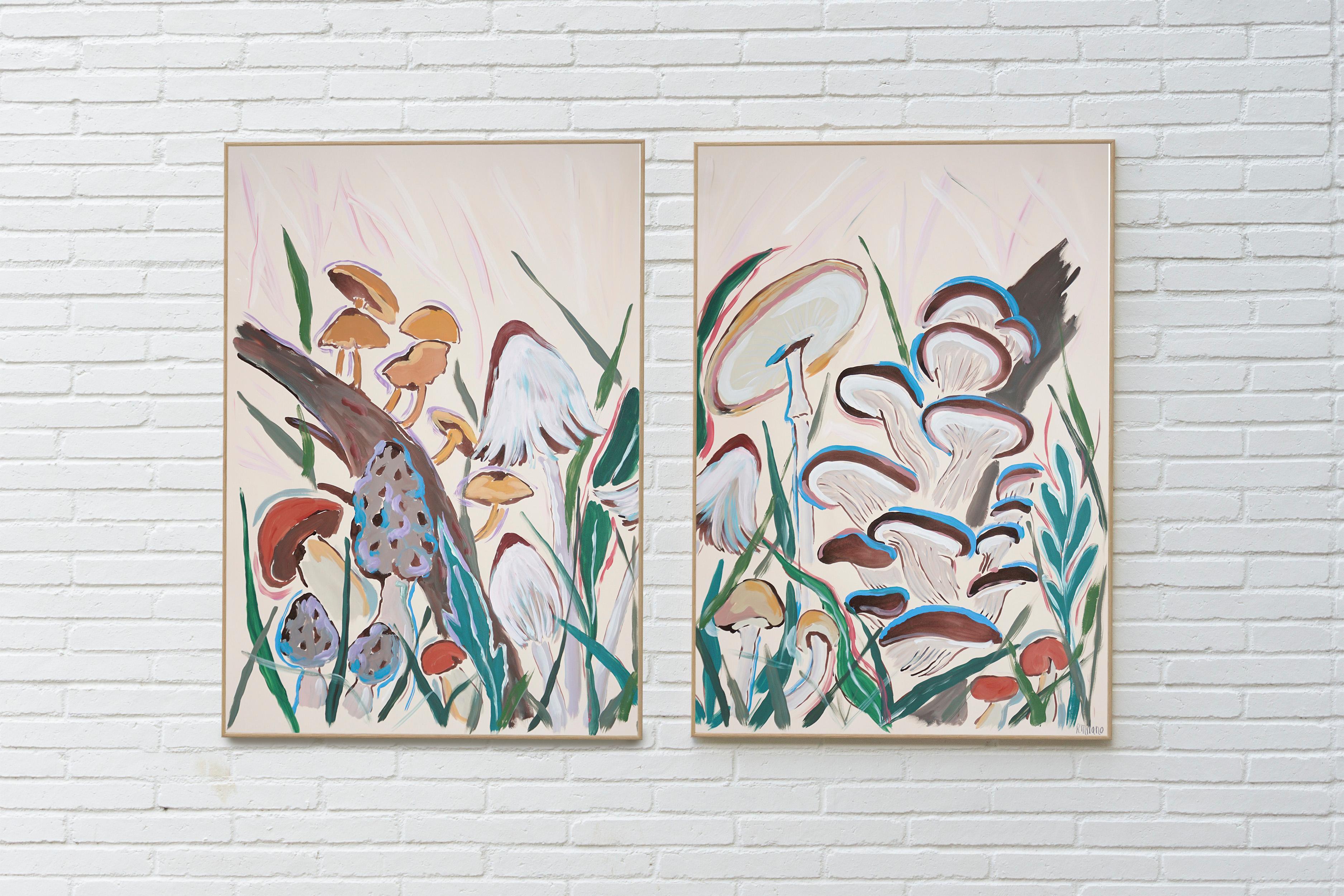 Raccolta di funghi in primavera, dittico pittorico in stile illustrazione,  Scena della foresta - Painting di Romina Milano