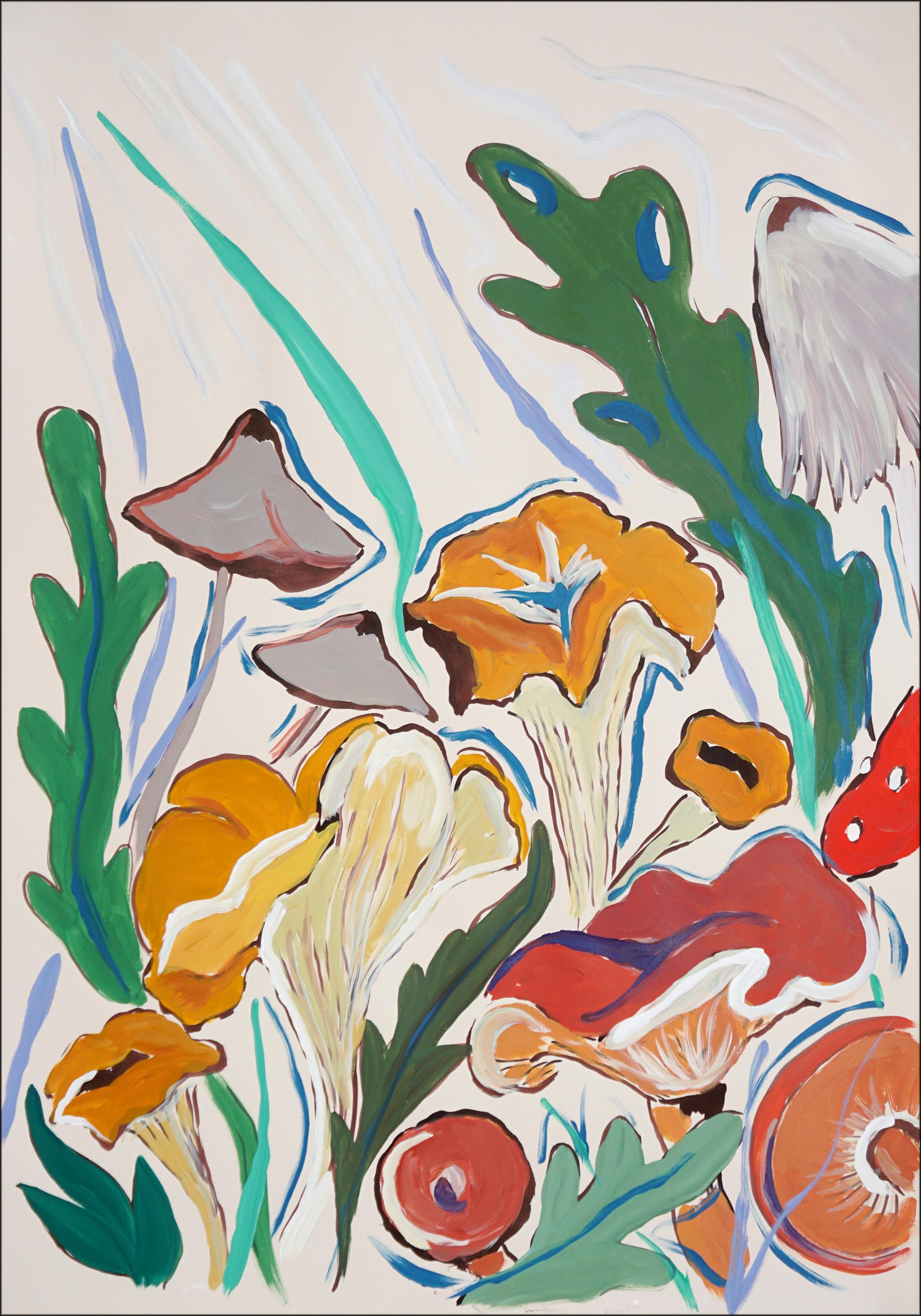 Springtime Mushroom Harvest, Illustration Style Painting Diptych,  Forest Scene For Sale 1