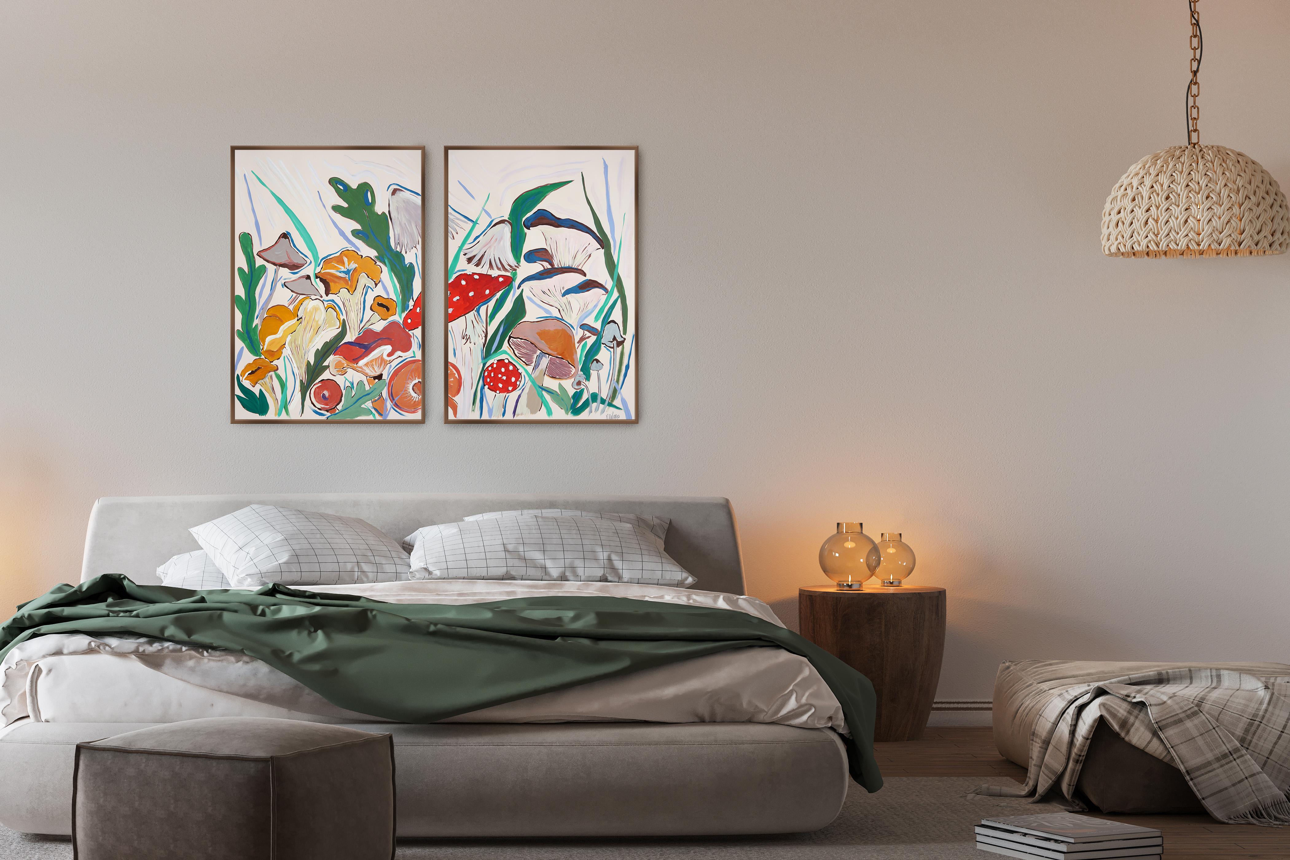 Springtime Mushroom Harvest, Illustration Style Painting Diptych,  Forest Scene For Sale 3