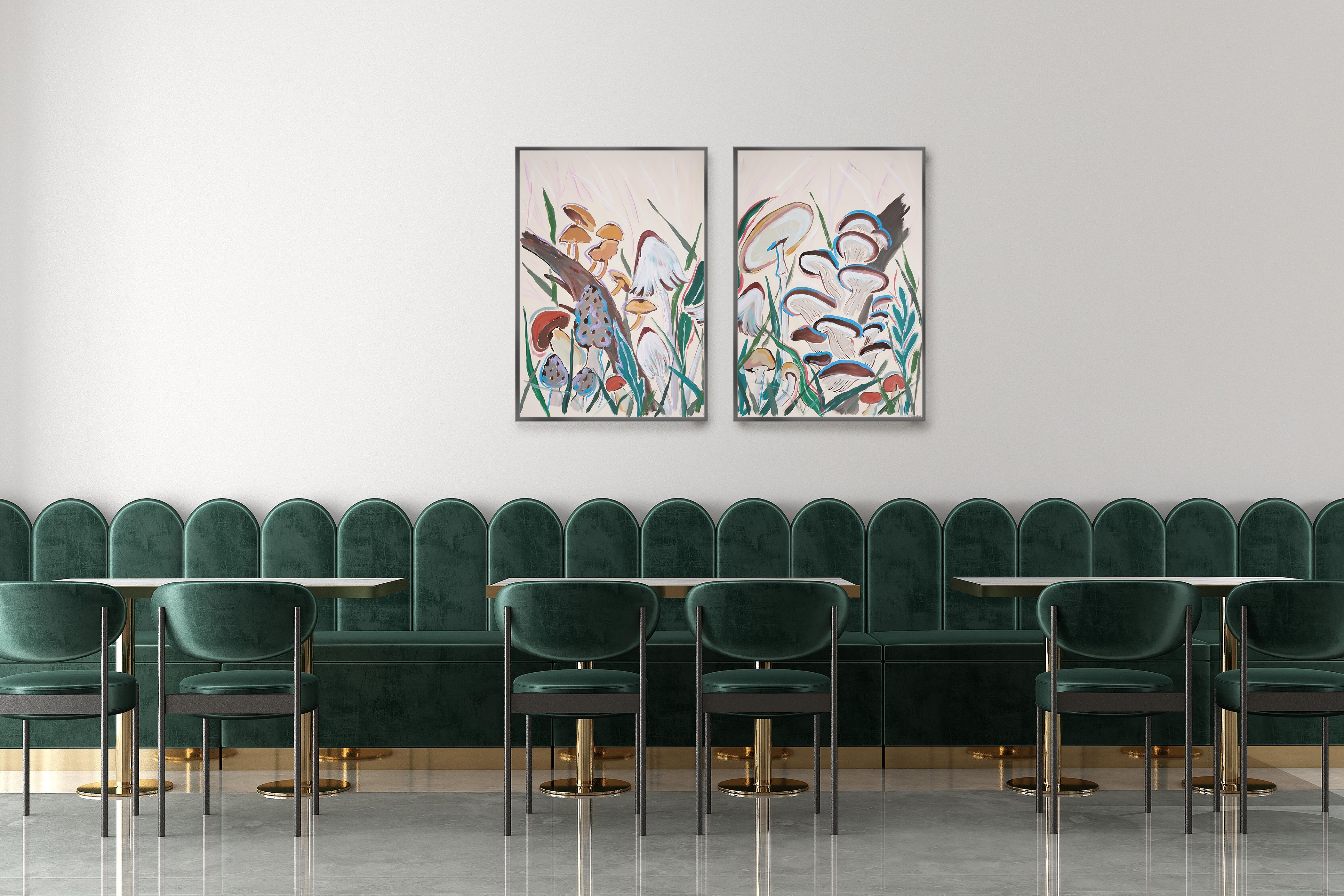 Raccolta di funghi in primavera, dittico pittorico in stile illustrazione,  Scena della foresta in vendita 1
