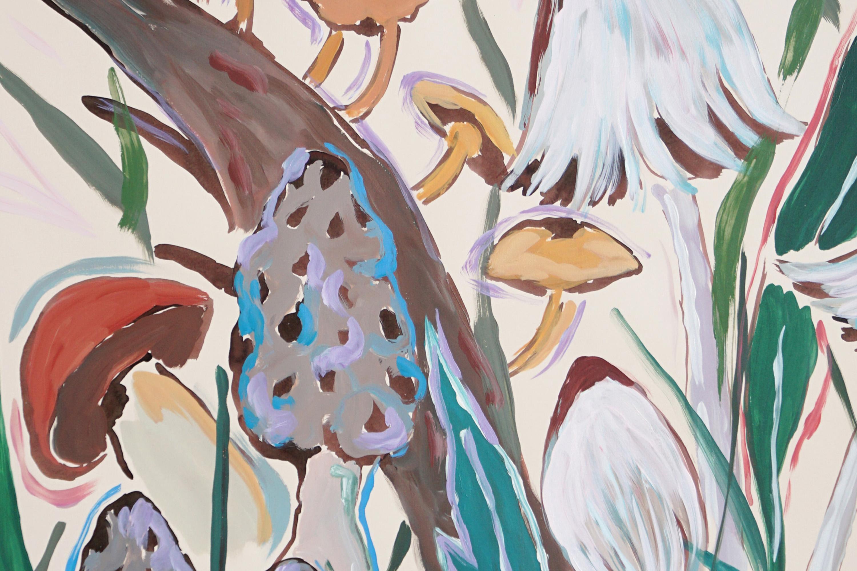 Raccolta di funghi in primavera, dittico pittorico in stile illustrazione,  Scena della foresta in vendita 2