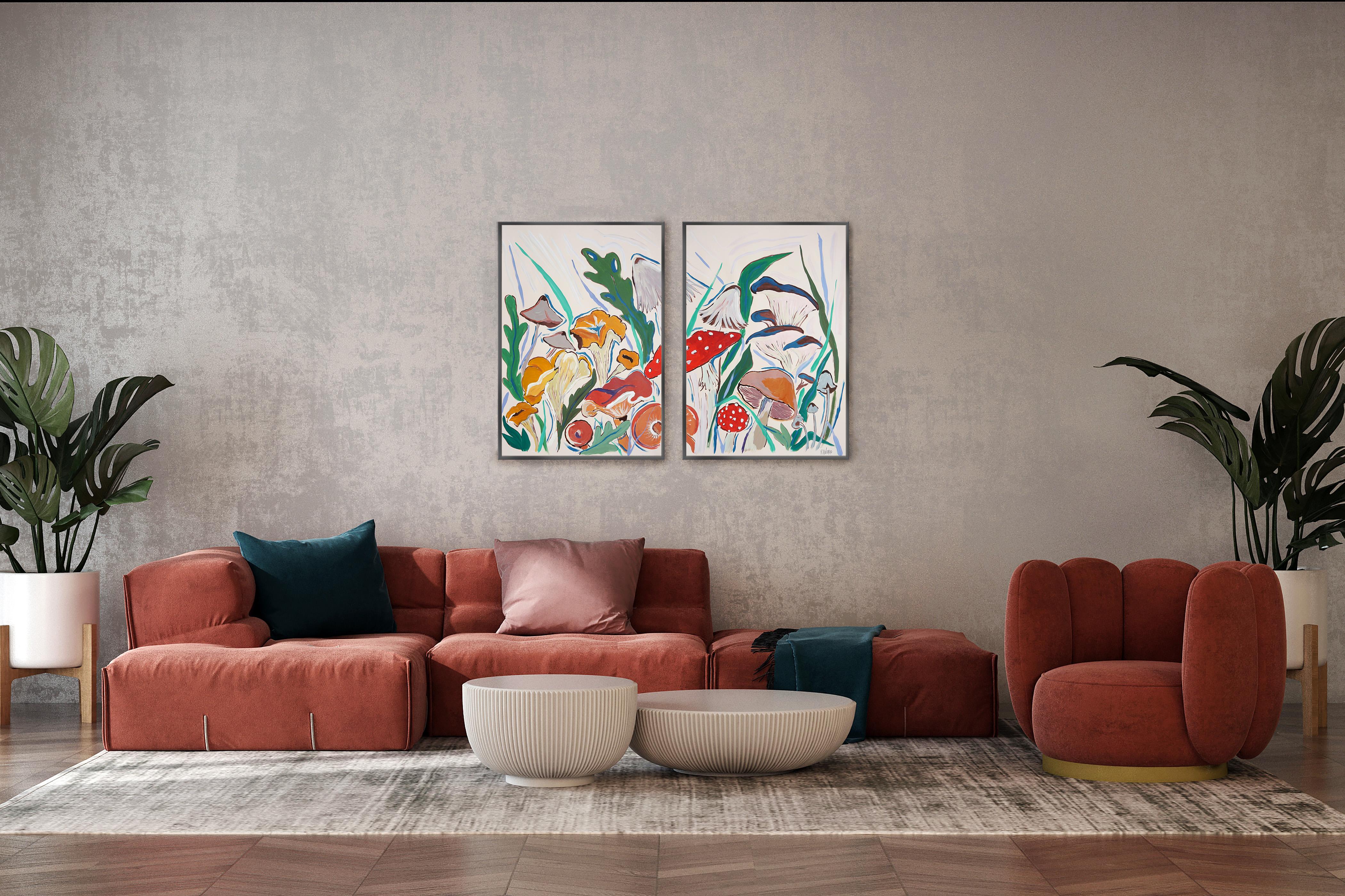 Springtime Mushroom Harvest, Illustration Style Painting Diptych,  Forest Scene For Sale 5