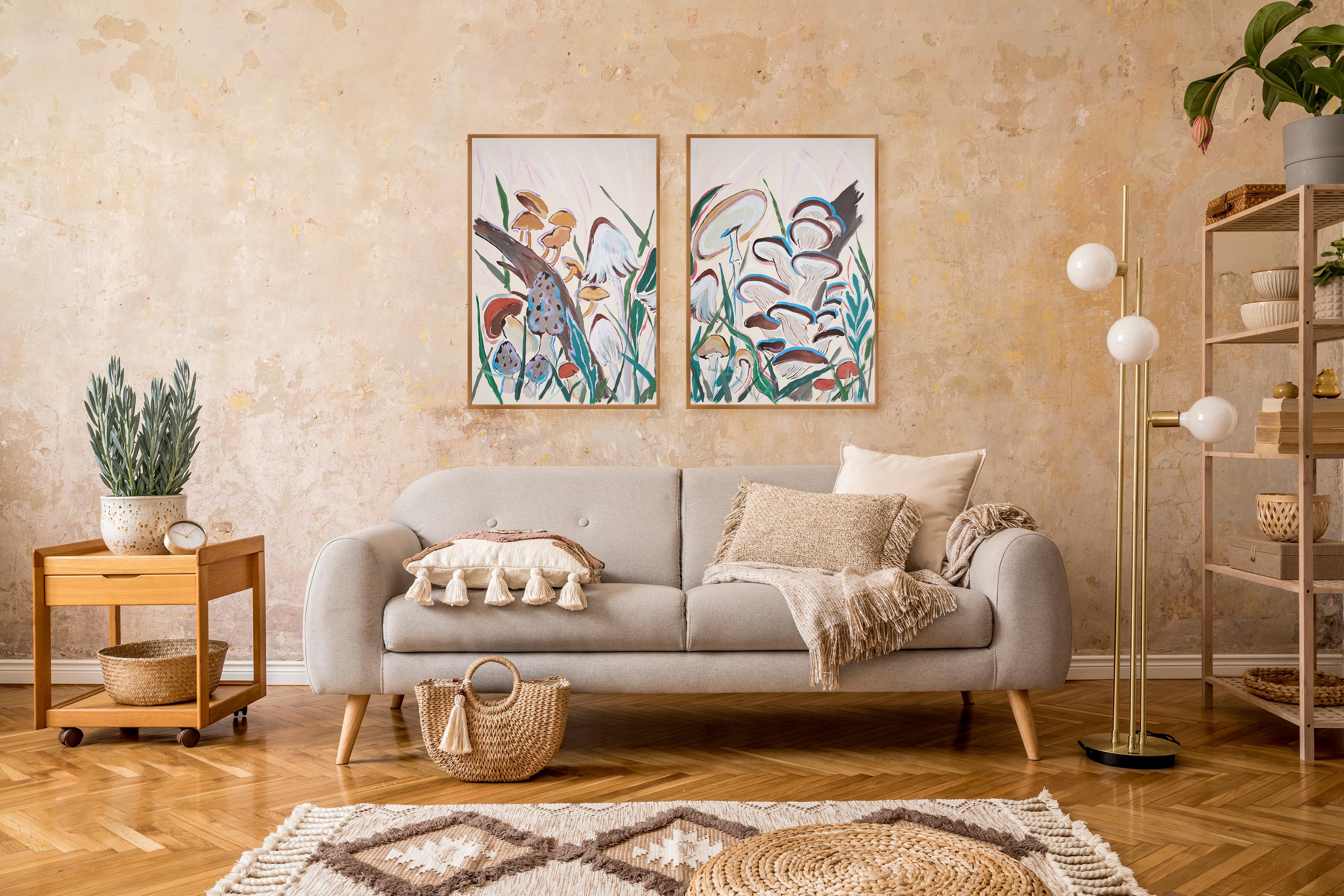 Raccolta di funghi in primavera, dittico pittorico in stile illustrazione,  Scena della foresta in vendita 3