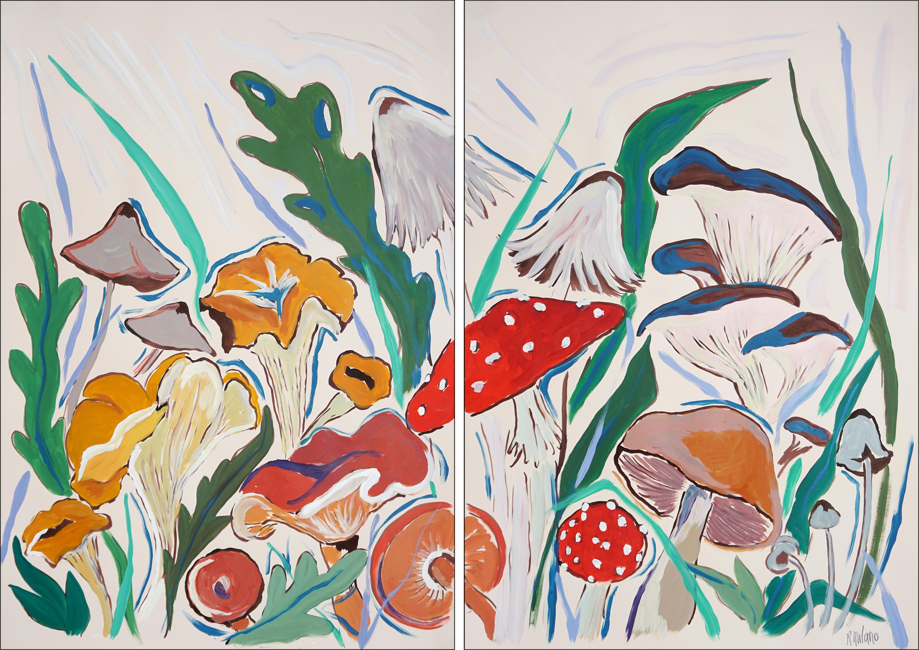 Cosecha de setas en primavera, díptico de pintura estilo ilustración,  Escena del bosque