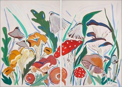 Cosecha de setas en primavera, díptico de pintura estilo ilustración,  Escena del bosque