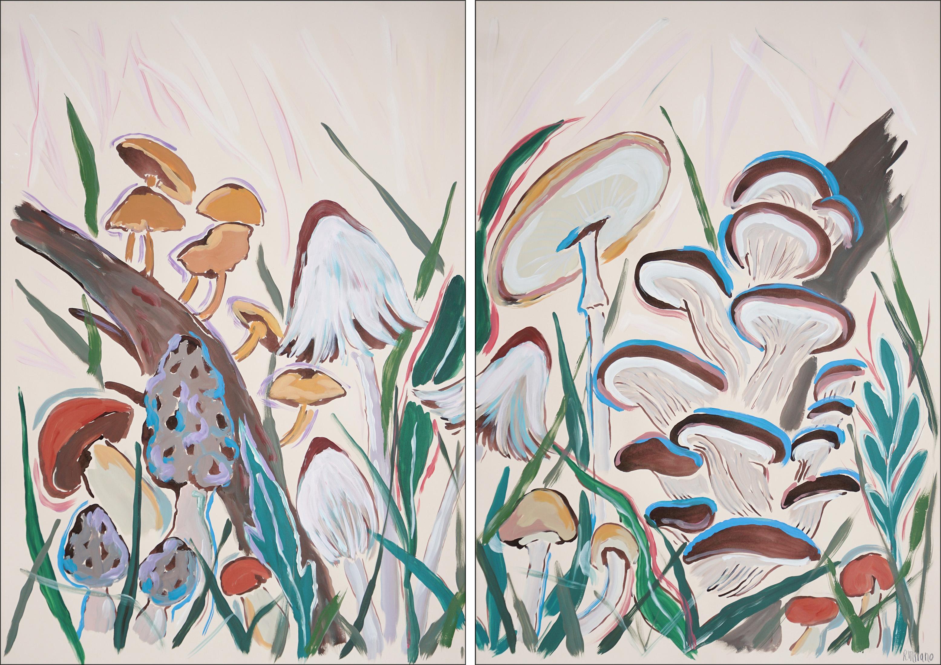 Cosecha de setas en primavera, díptico de pintura estilo ilustración,  Escena del bosque