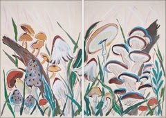 Cosecha de setas en primavera, díptico de pintura estilo ilustración,  Escena del bosque