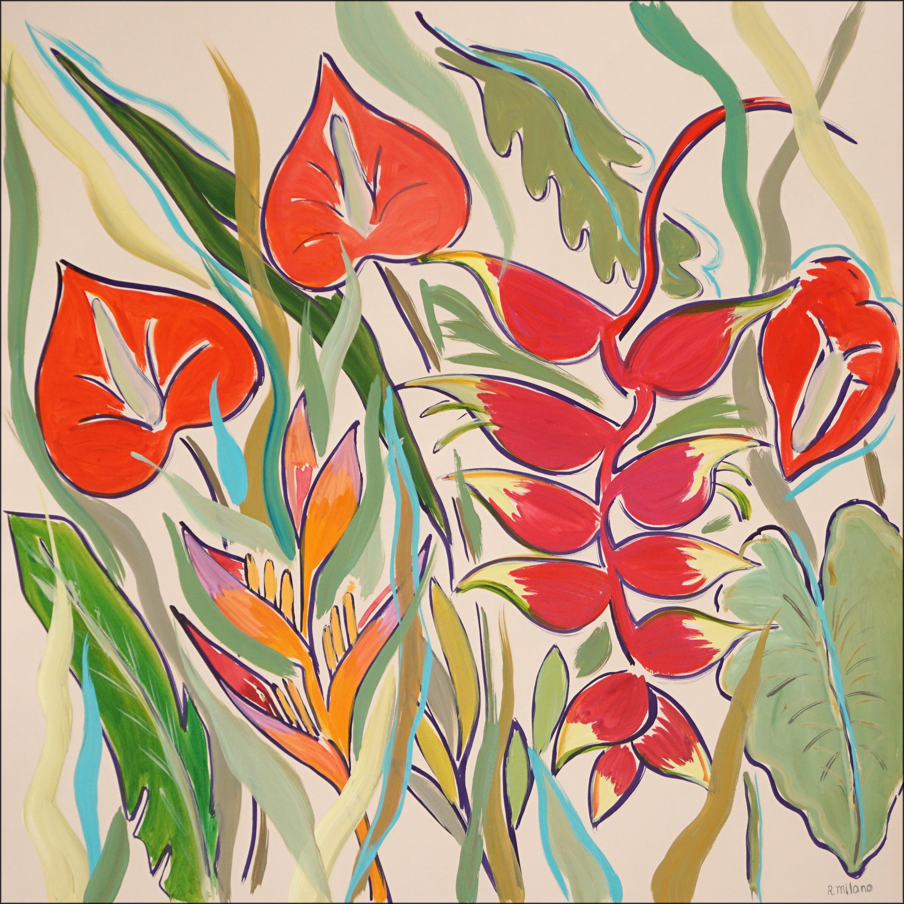Romina Milano Still-Life Painting - Squared Tropical Garden, Red Flamingo Flowers Landscape, Botanical Green Leaves 