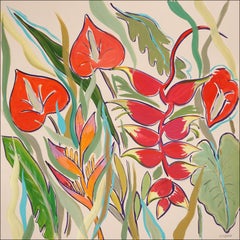 Squared Tropical Garden, Red Flamingo Flowers Landscape, Botanical Green Leaves 