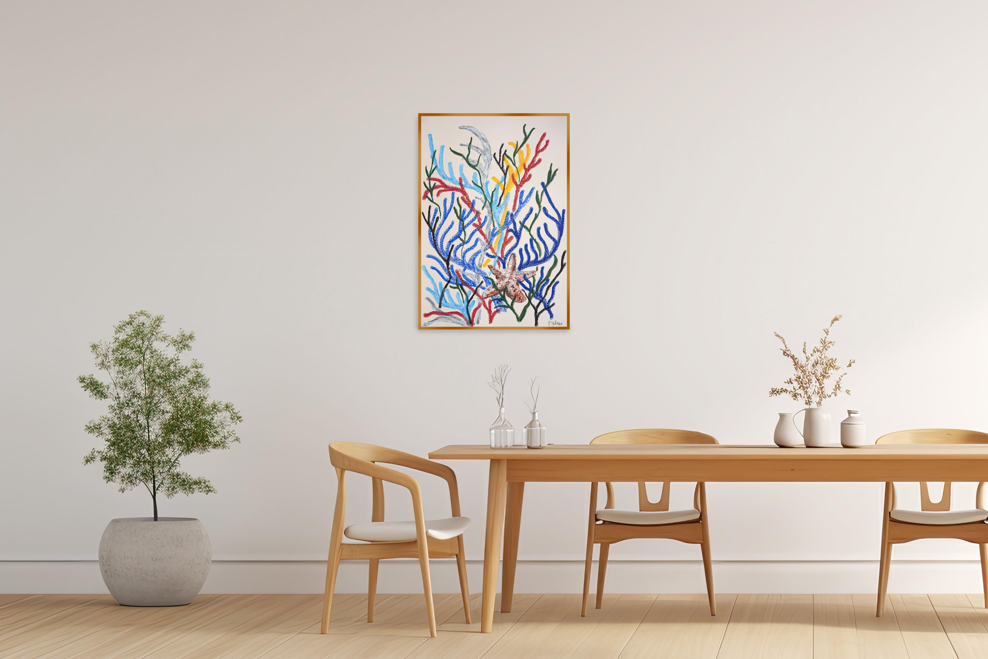 Étoile de mer parmi les coraux, paysage marin moderne, formes biomorphiques sur papier aquarelle - Gris Landscape Painting par Romina Milano