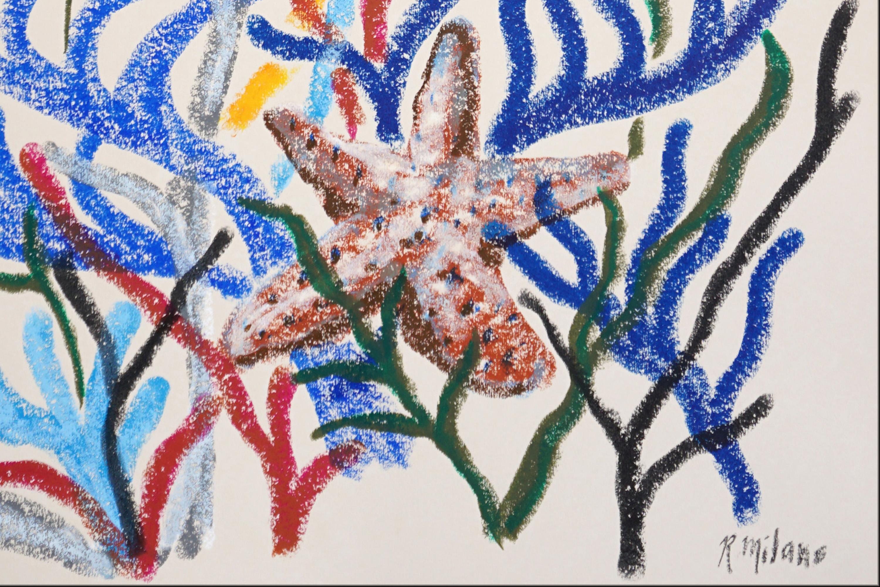 Starfish Among Corals capture la beauté vibrante de la vie marine à travers des lignes audacieuses et des couleurs expressives. Des formes coralliennes bleues, rouges, jaunes et vertes s'entrelacent dans la composition, encadrant une étoile de mer