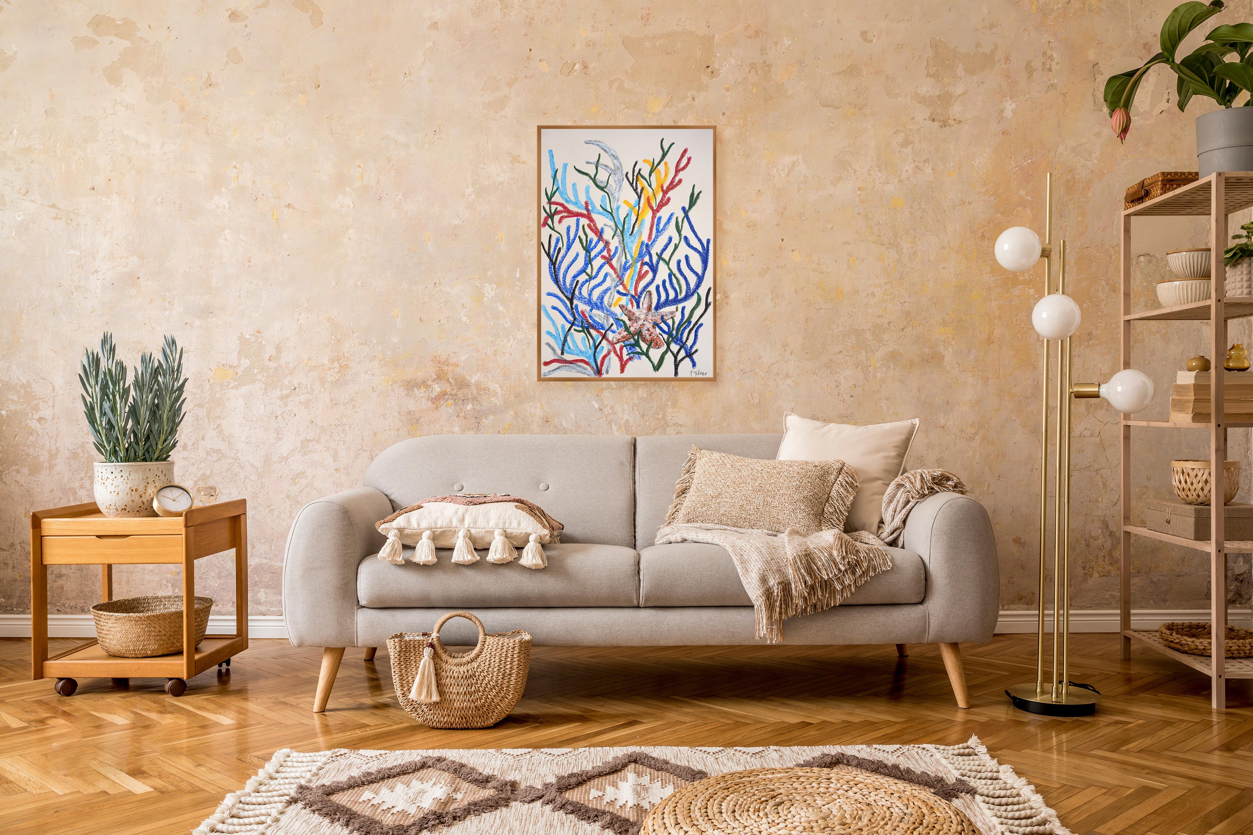 Étoile de mer parmi les coraux, paysage marin moderne, formes biomorphiques sur papier aquarelle en vente 1