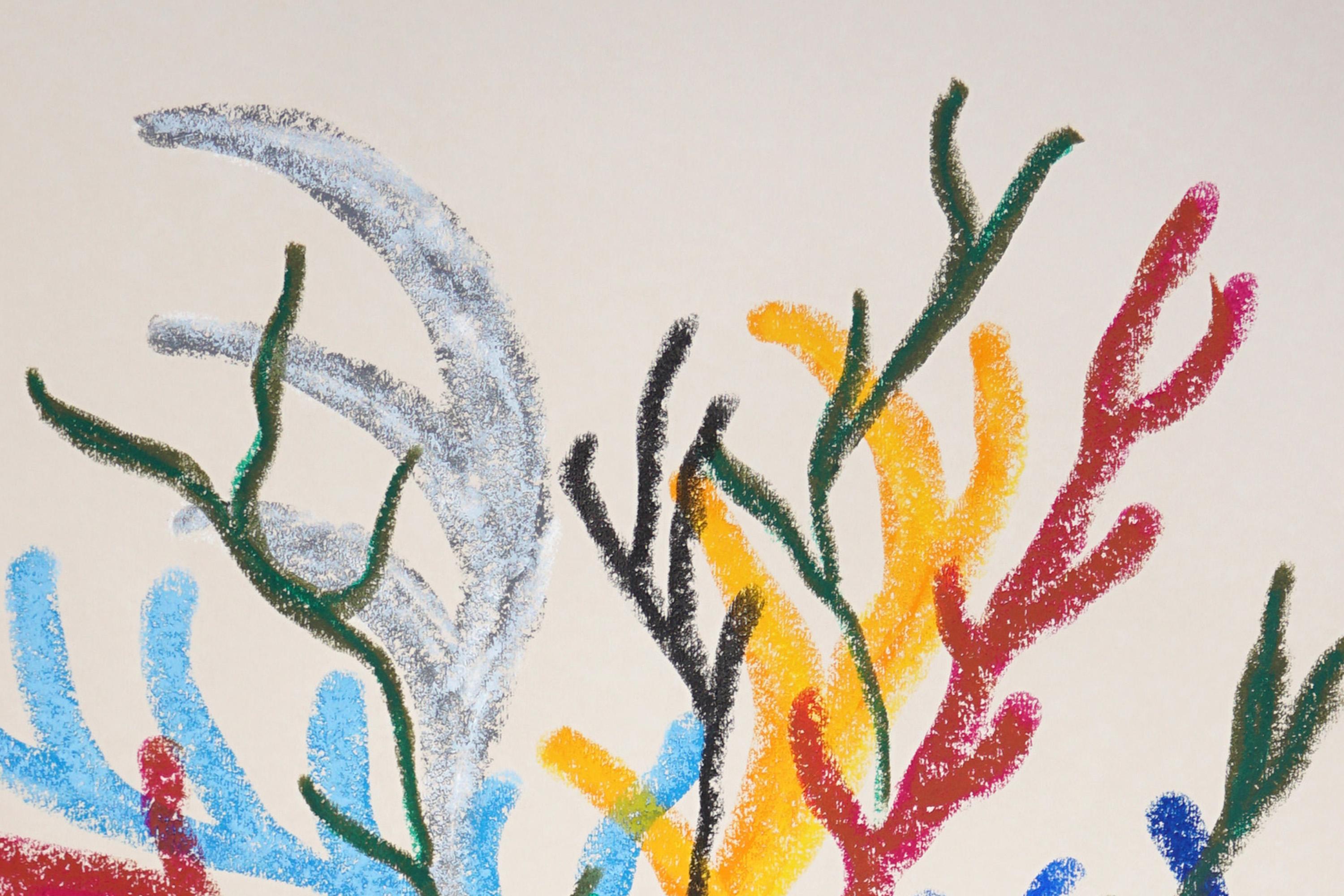 Étoile de mer parmi les coraux, paysage marin moderne, formes biomorphiques sur papier aquarelle en vente 3