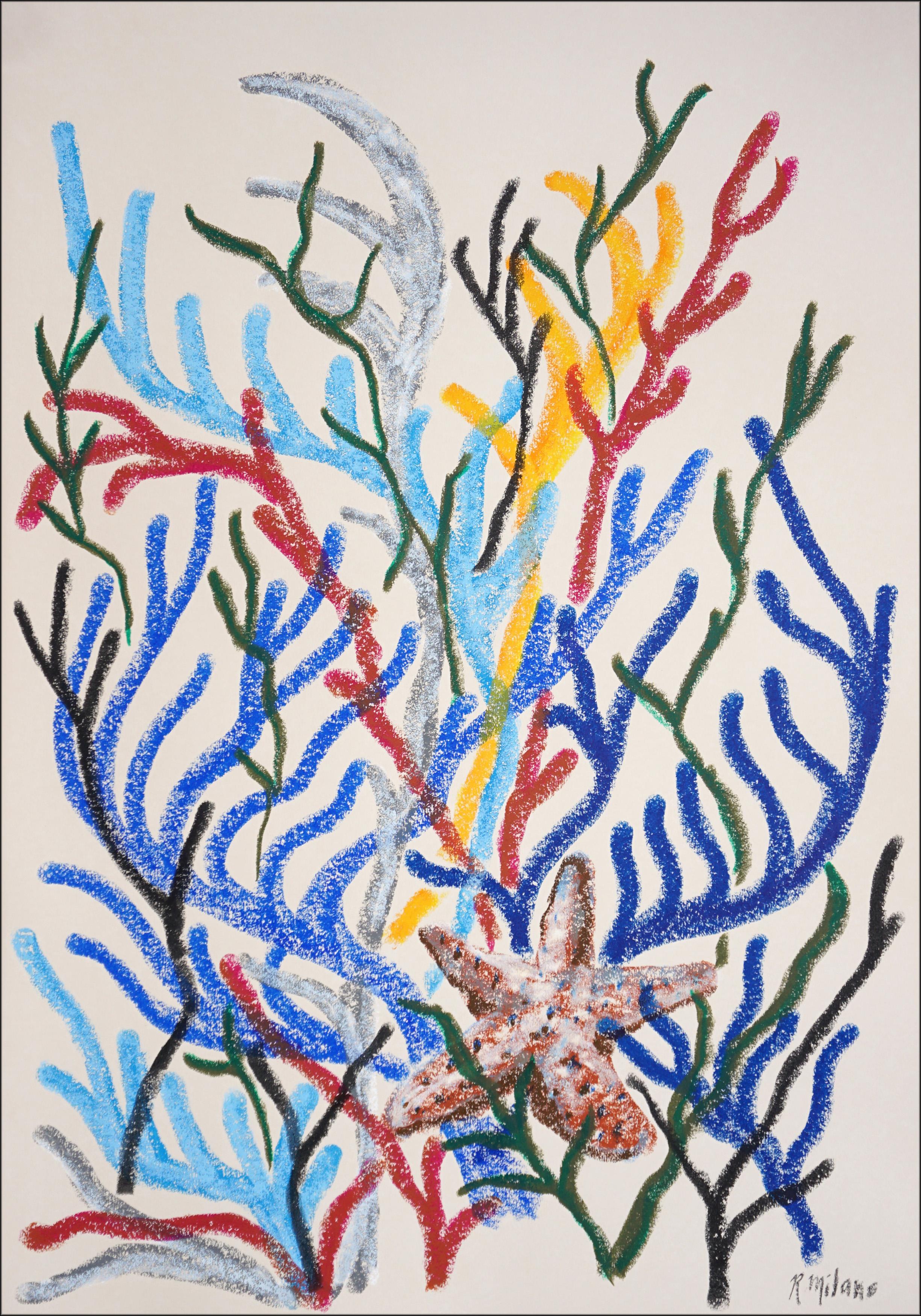 Landscape Painting Romina Milano - Étoile de mer parmi les coraux, paysage marin moderne, formes biomorphiques sur papier aquarelle