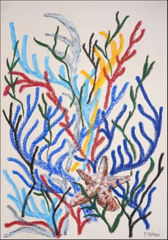 Seesterne zwischen Korallen, Moderne Meereslandschaft, Biomorphe Formen auf Aquarellpapier