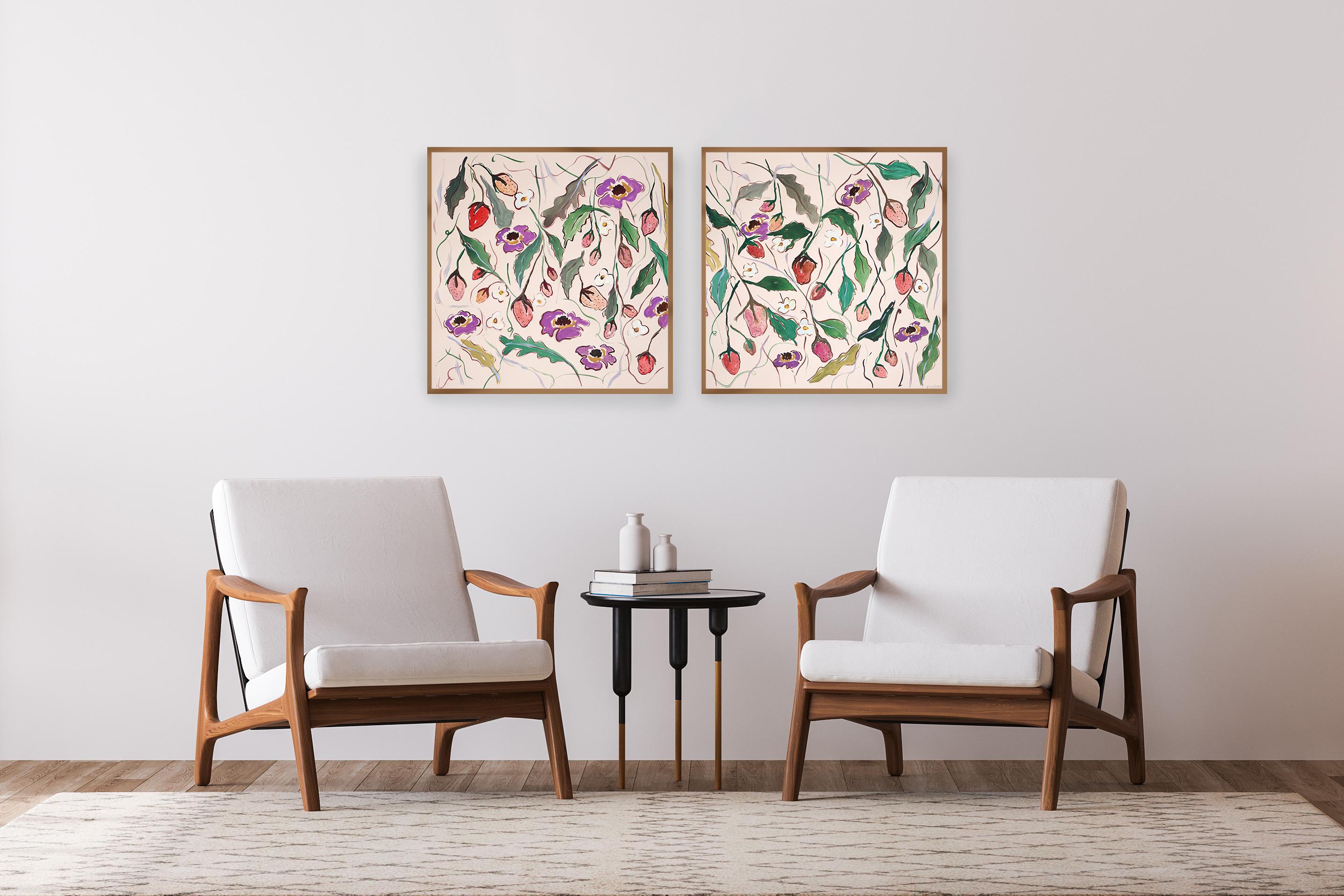 Erdbeerfelder Diptychon, Illustrationsstil, Blütenblüten in Blütenform, Rot, Grün – Painting von Romina Milano