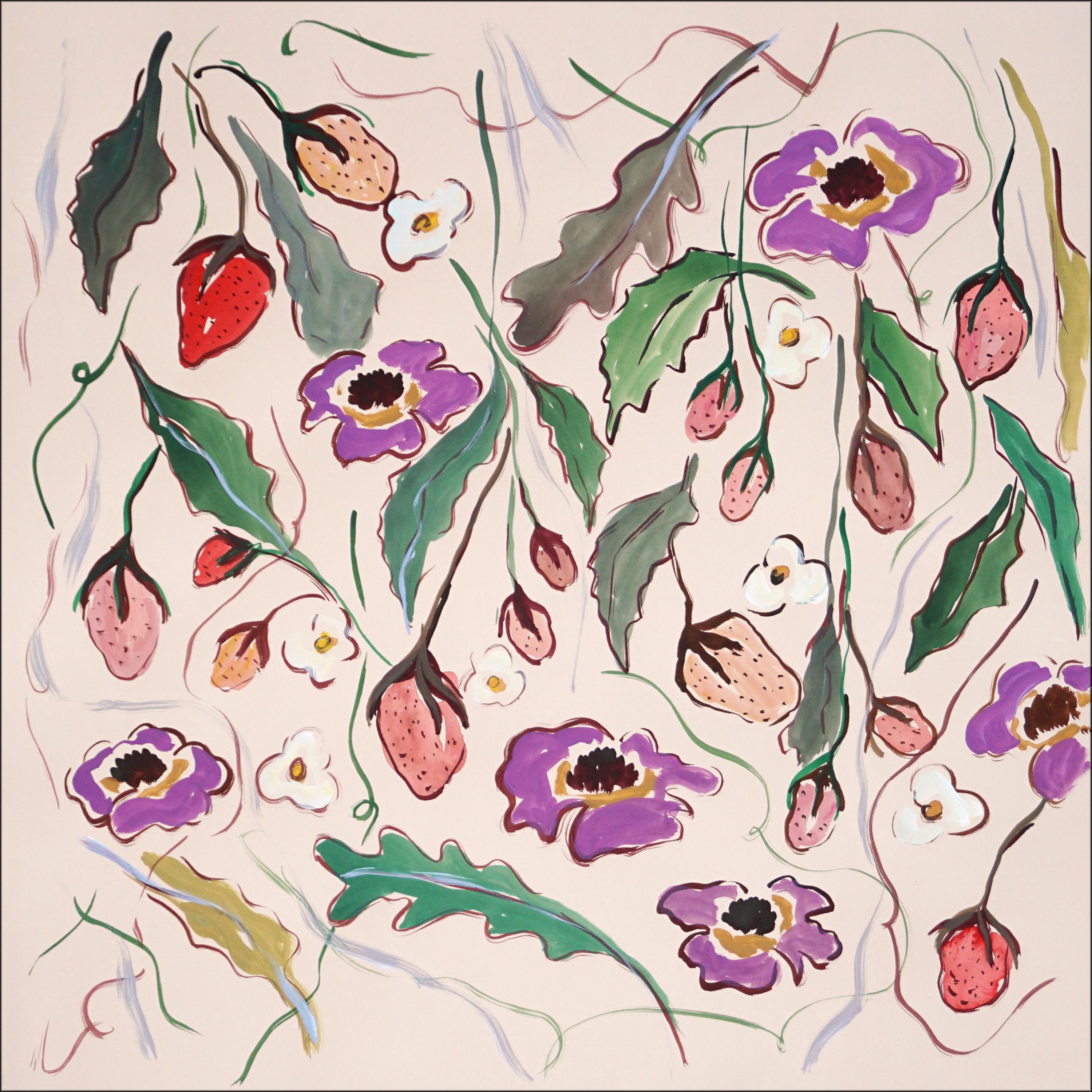 Erdbeerfelder Diptychon, Illustrationsstil, Blütenblüten in Blütenform, Rot, Grün (Moderne), Painting, von Romina Milano