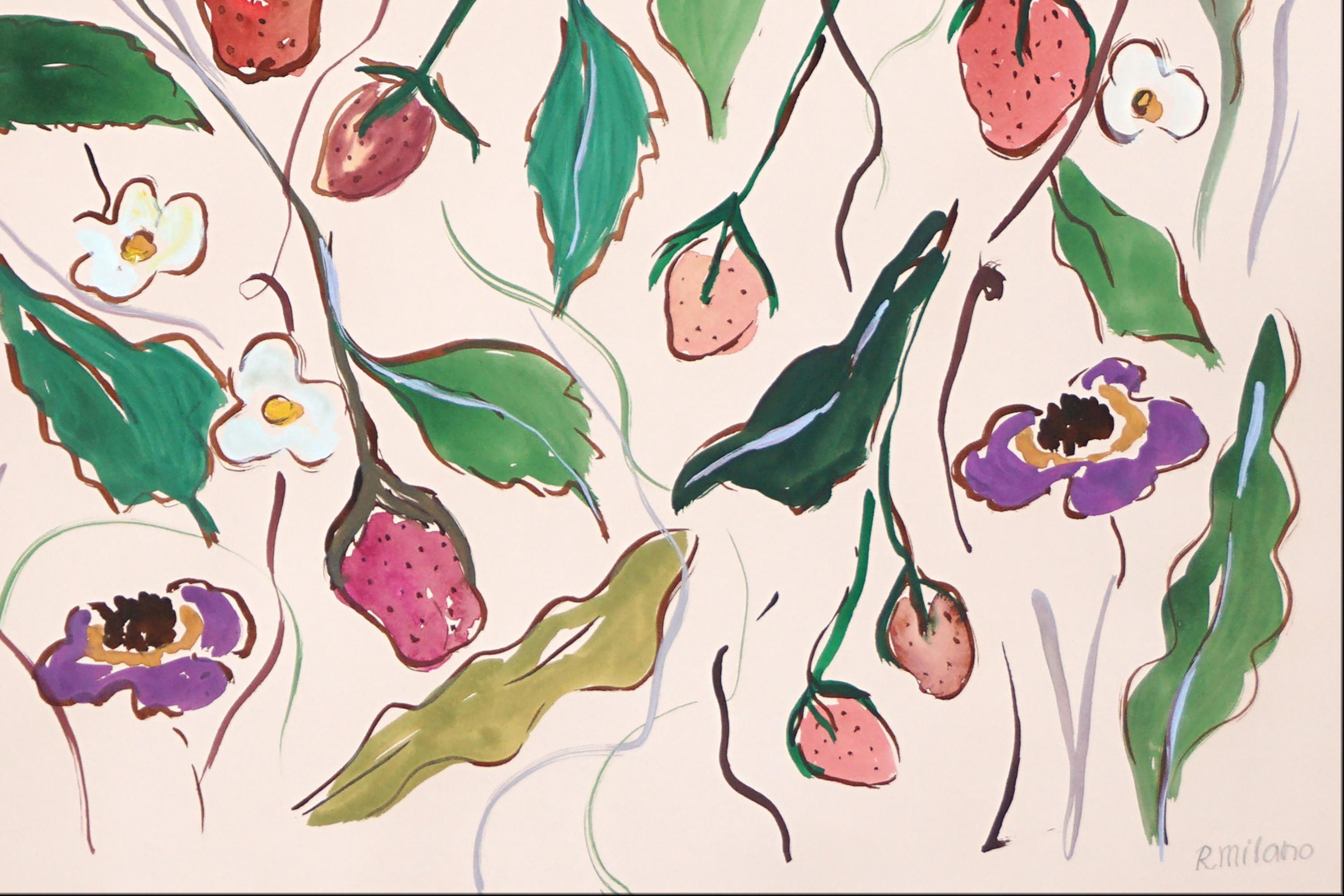 Diptyque des champs de fraises, style illustration fleurs sauvages en fleurs en fleurs, rouge, vert en vente 5