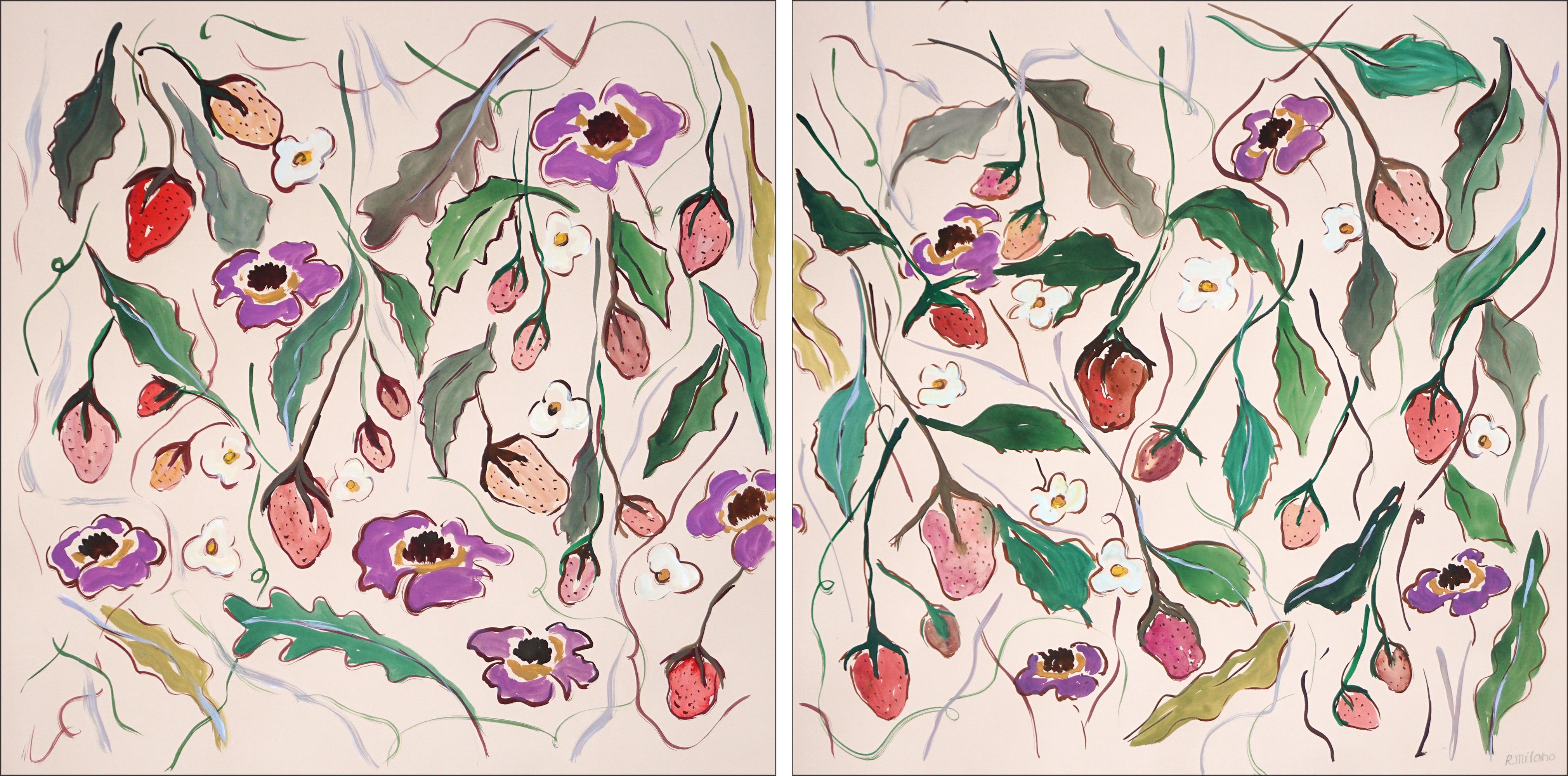 Romina Milano Still-Life Painting – Erdbeerfelder Diptychon, Illustrationsstil, Blütenblüten in Blütenform, Rot, Grün