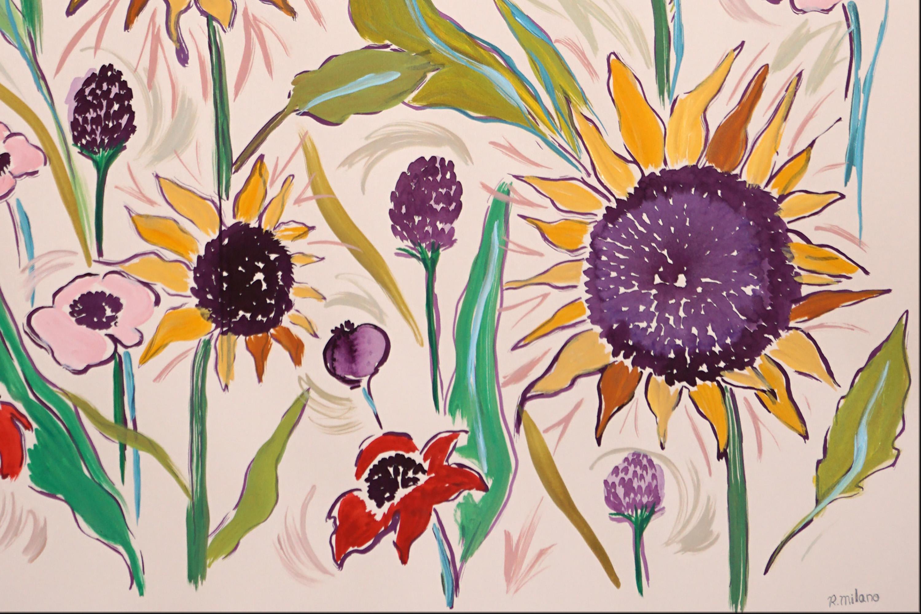 Summer Sunflower, Illustration Style Landscape, Wild Flowers Field, Yellow, Blue For Sale 1