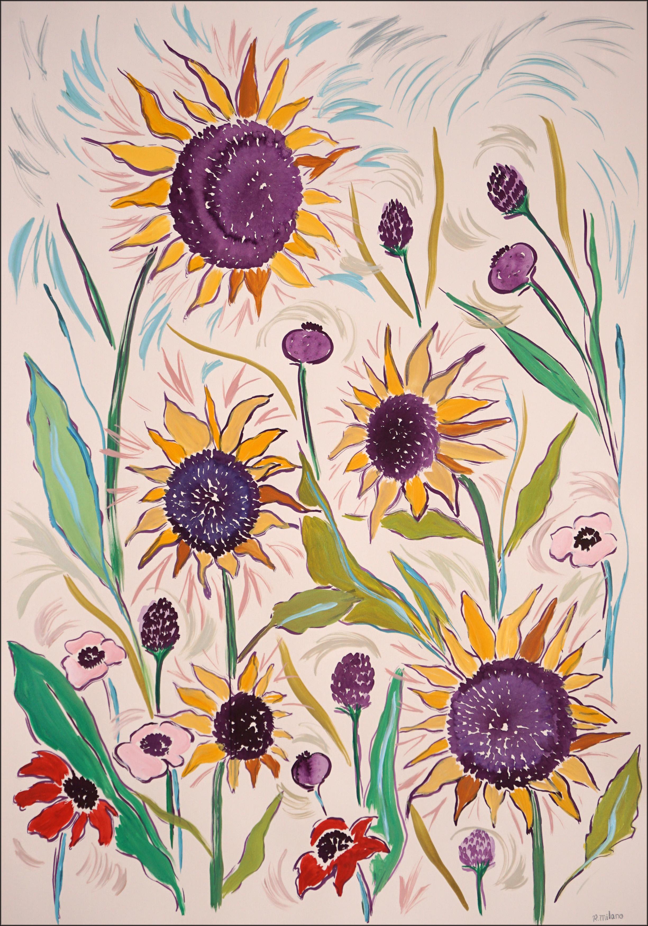 Romina Milano Still-Life Painting - Summer Sunflower, Illustration Style Landscape, Wild Flowers Field, Yellow, Blue