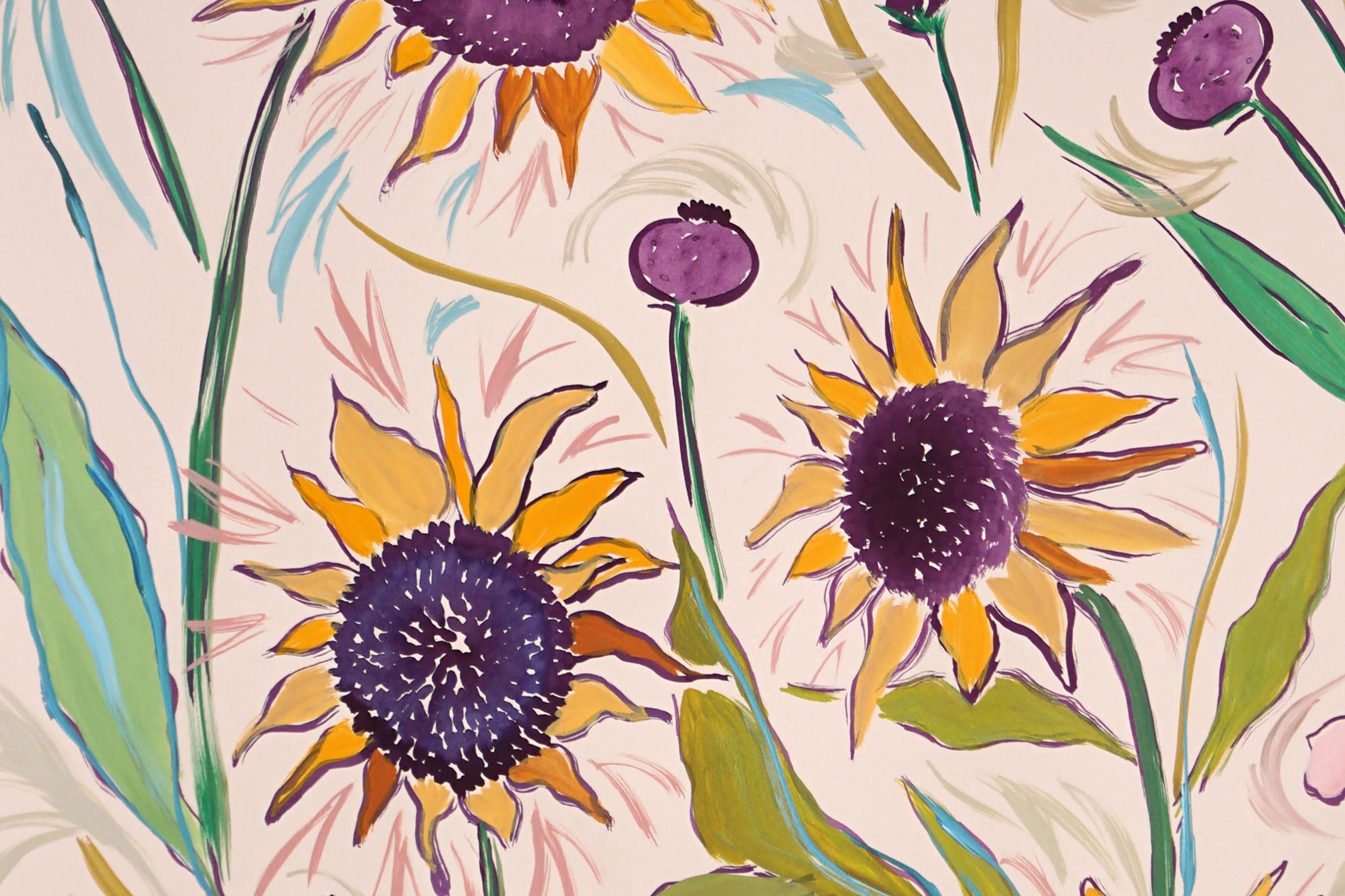 Sommer-Sonnenblumen- Prairie, Illustrationsstil, Stillleben-Blumenstrauß im Angebot 3