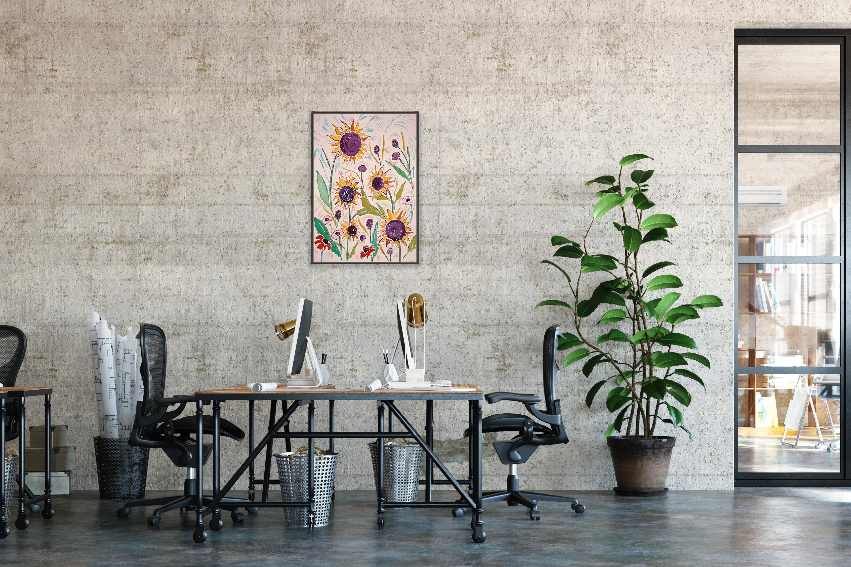 Sommer-Sonnenblumen- Prairie, Illustrationsstil, Stillleben-Blumenstrauß im Angebot 4