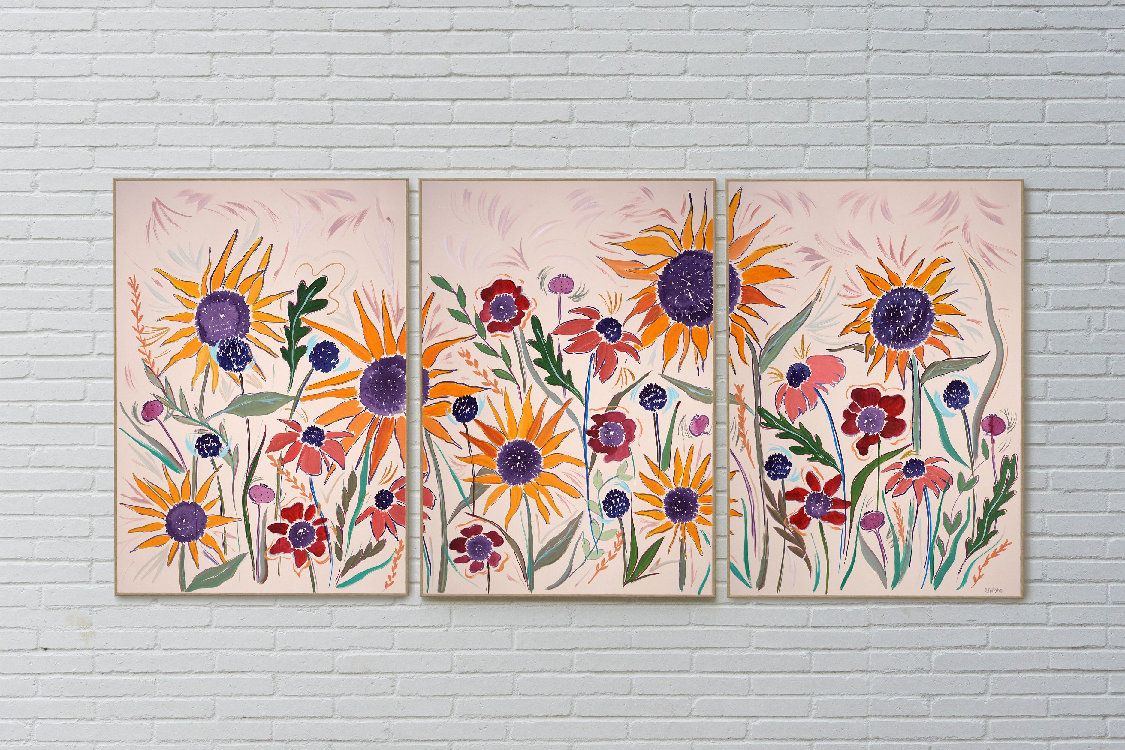 Sunflower Panorama Triptych, Large Countryside Flowers, Yellow Wild Margaritas - Painting by Romina Milano
