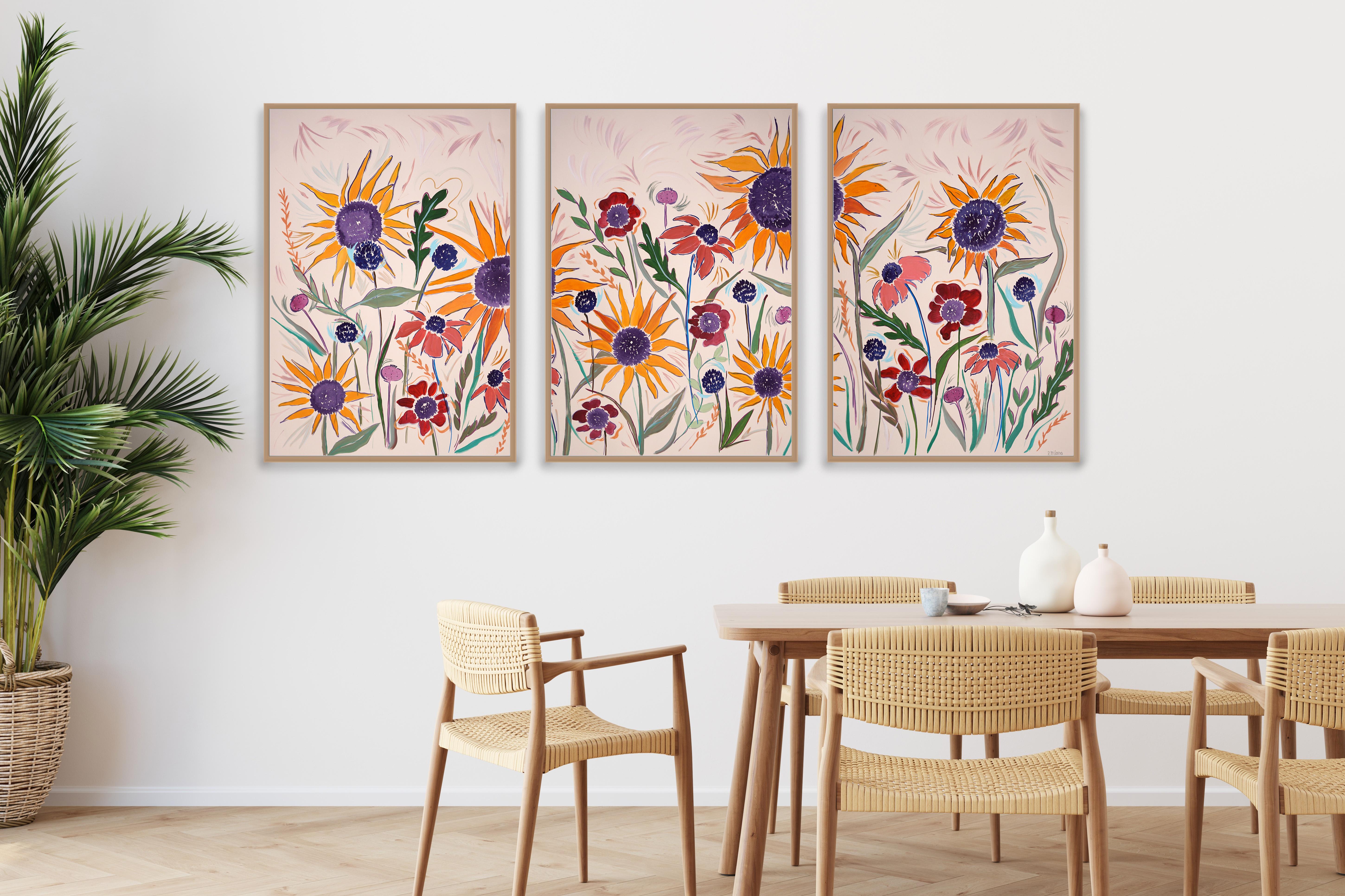Sunflower Panorama Triptych, Large Countryside Flowers, Yellow Wild Margaritas For Sale 2