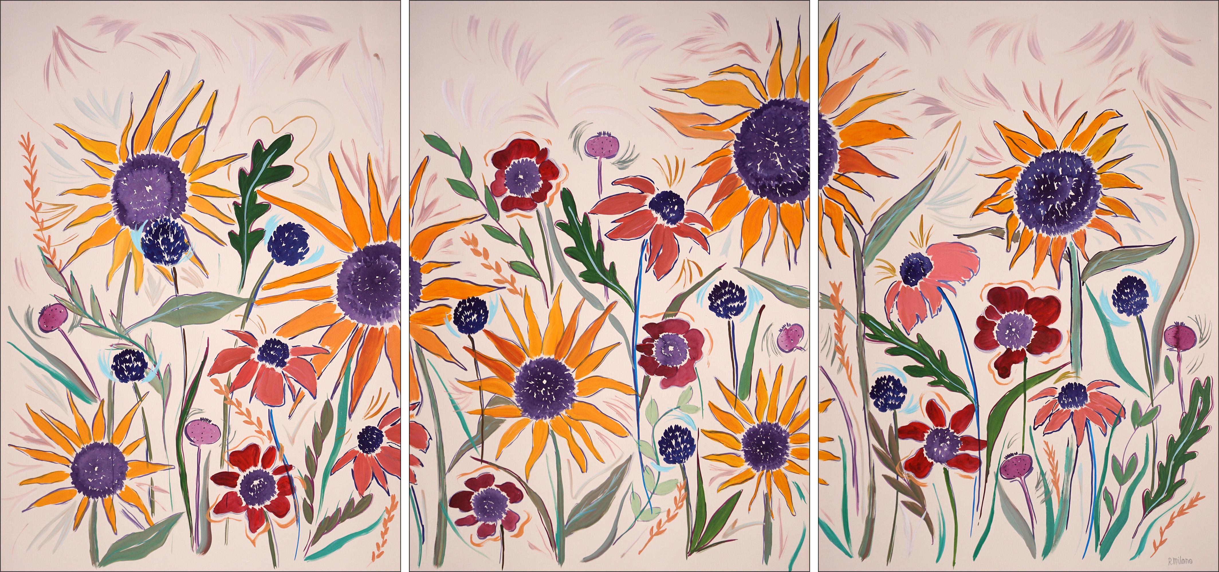 Romina Milano Landscape Painting - Sunflower Panorama Triptych, Large Countryside Flowers, Yellow Wild Margaritas