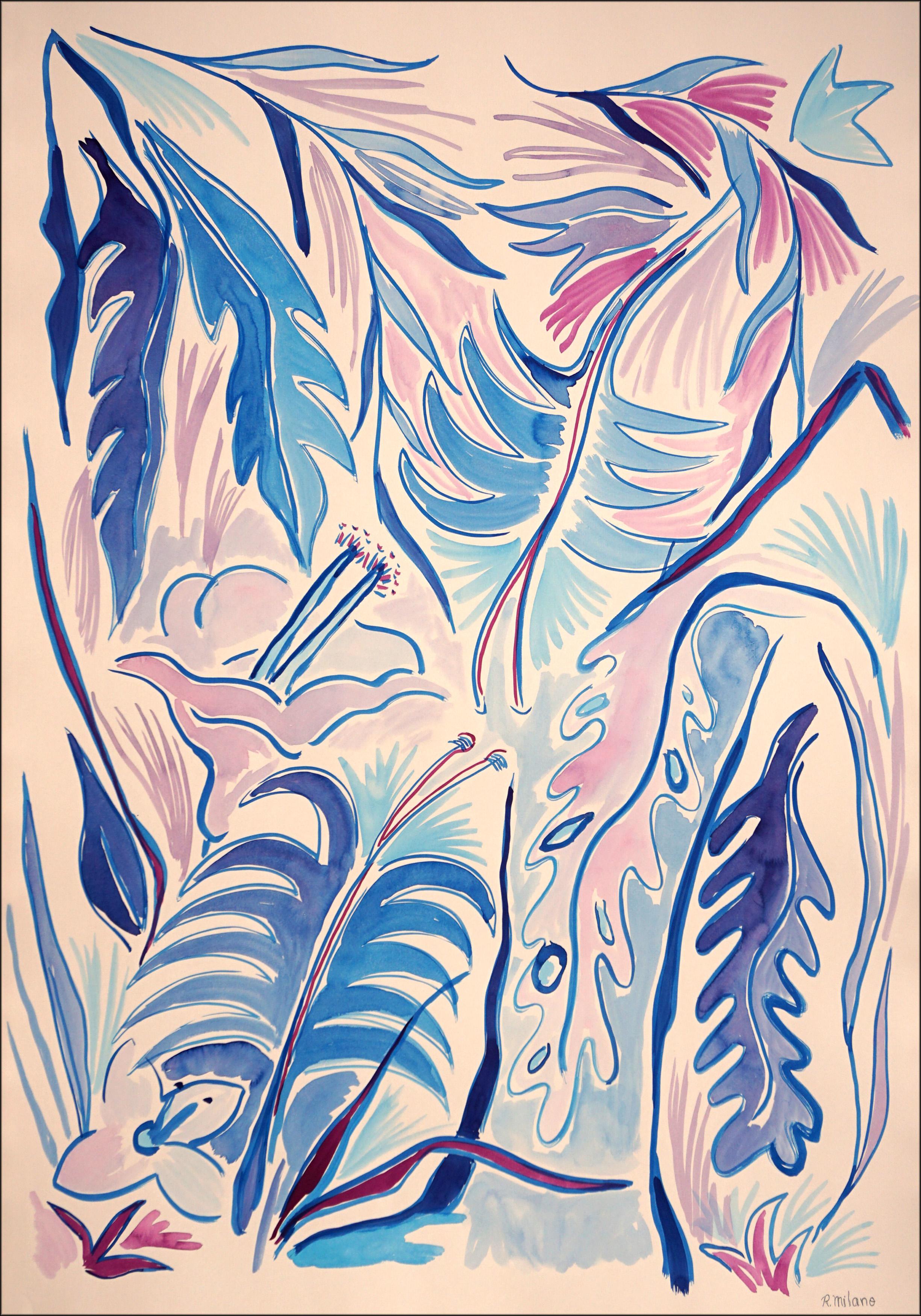 Still-Life Painting Romina Milano - The Blue Garden, Cold Tones Tropical Leaves and Flowers, Fresh Still Life, Palms (Le jardin bleu, feuilles et fleurs tropicales en tons froids)
