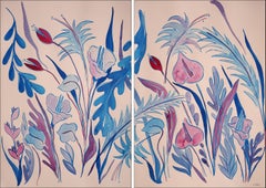The Blue Garden II, Exotic Still Life Diptych, Cold Tones Flowers, Palm Leaves 