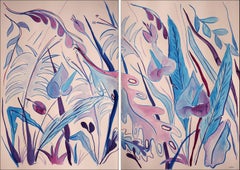 The Blue Garden III, Tropical Still Life Diptych in Blue, Cold Tones Flowers 