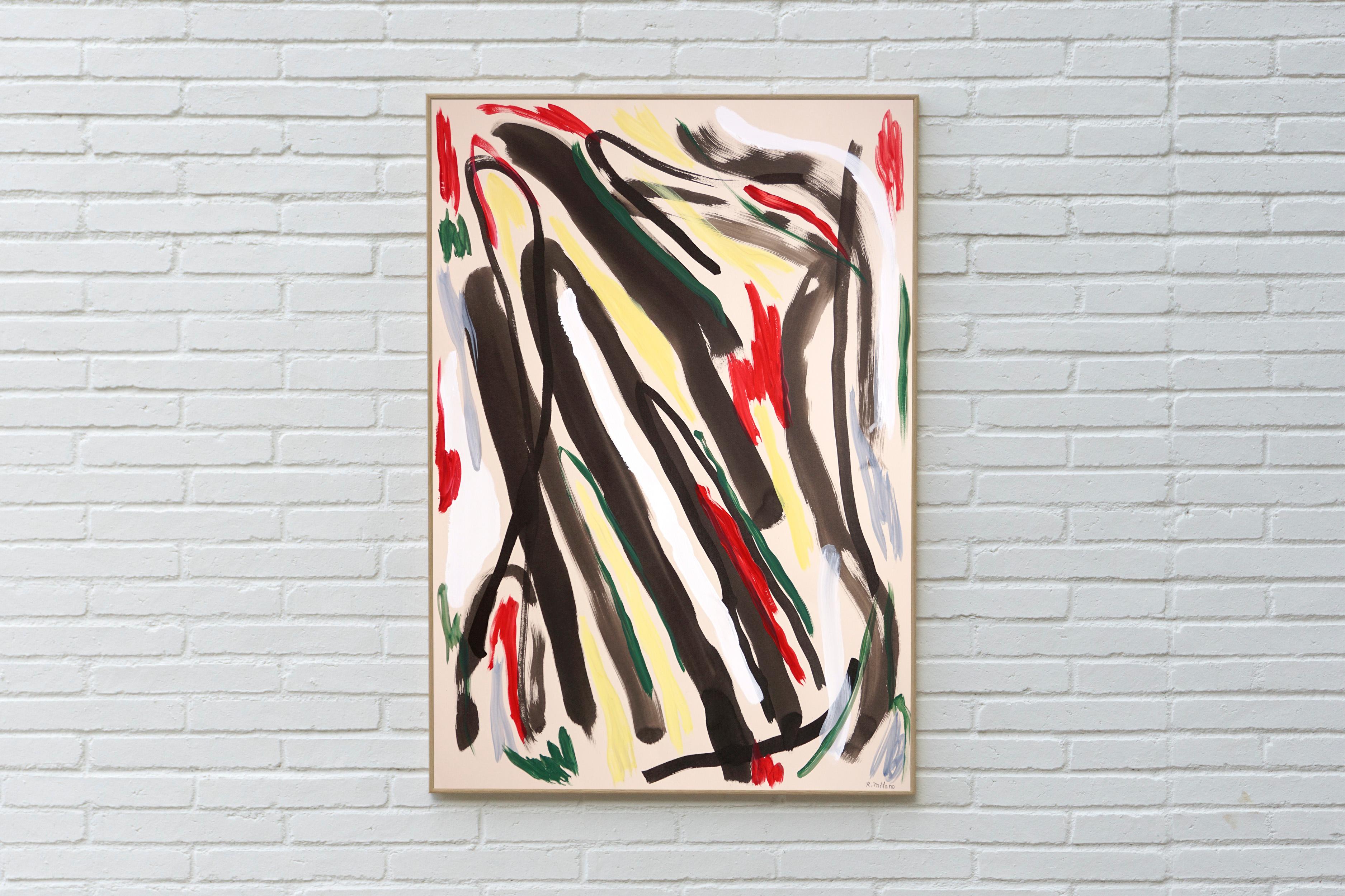 La Corrida, Pintura Expresionista Abstracta en Rojo y Amarillo, Gestos Negros - Painting de Romina Milano