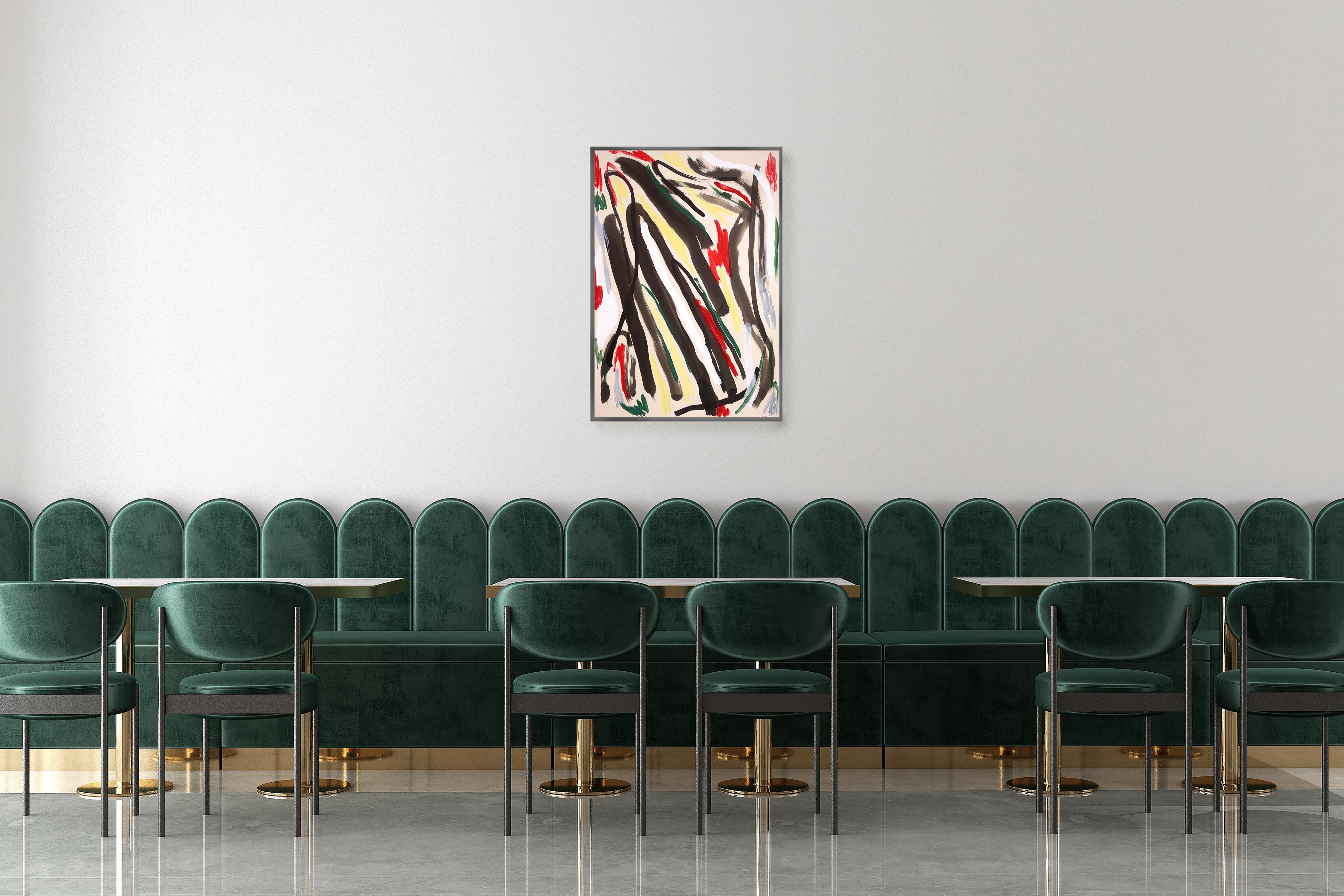 The Bullfight, peinture expressionniste abstraite en rouge et jaune, gestes noirs - Expressionnisme abstrait Painting par Romina Milano