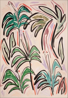 The Fern Garden, Blooming Expressionist Flowers Plants, Green, Pink, Gestures 