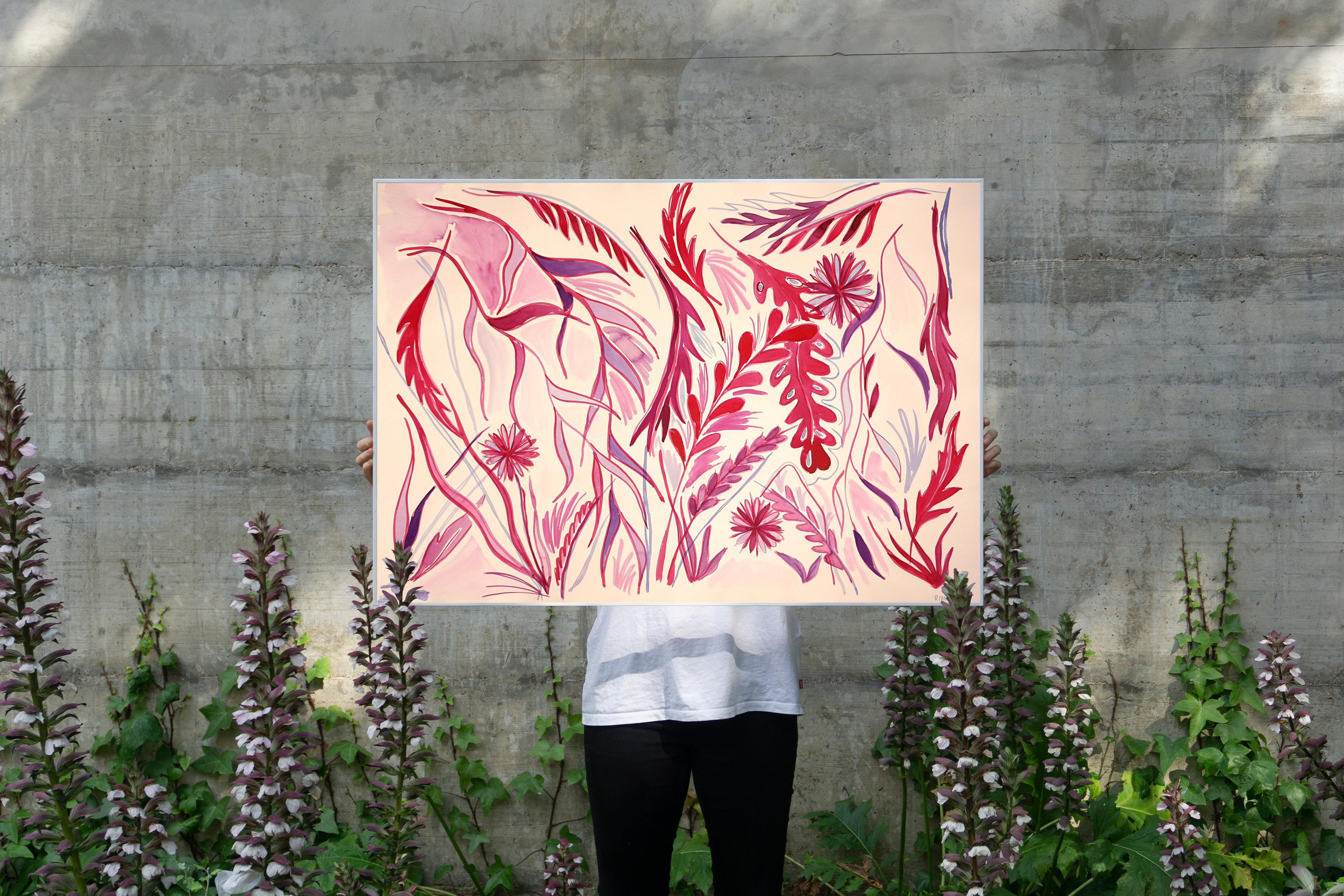 The Red Garden, Illustration Style in Red Tones, Wild Dandelion, Pink Leaves  - Modern Painting by Romina Milano