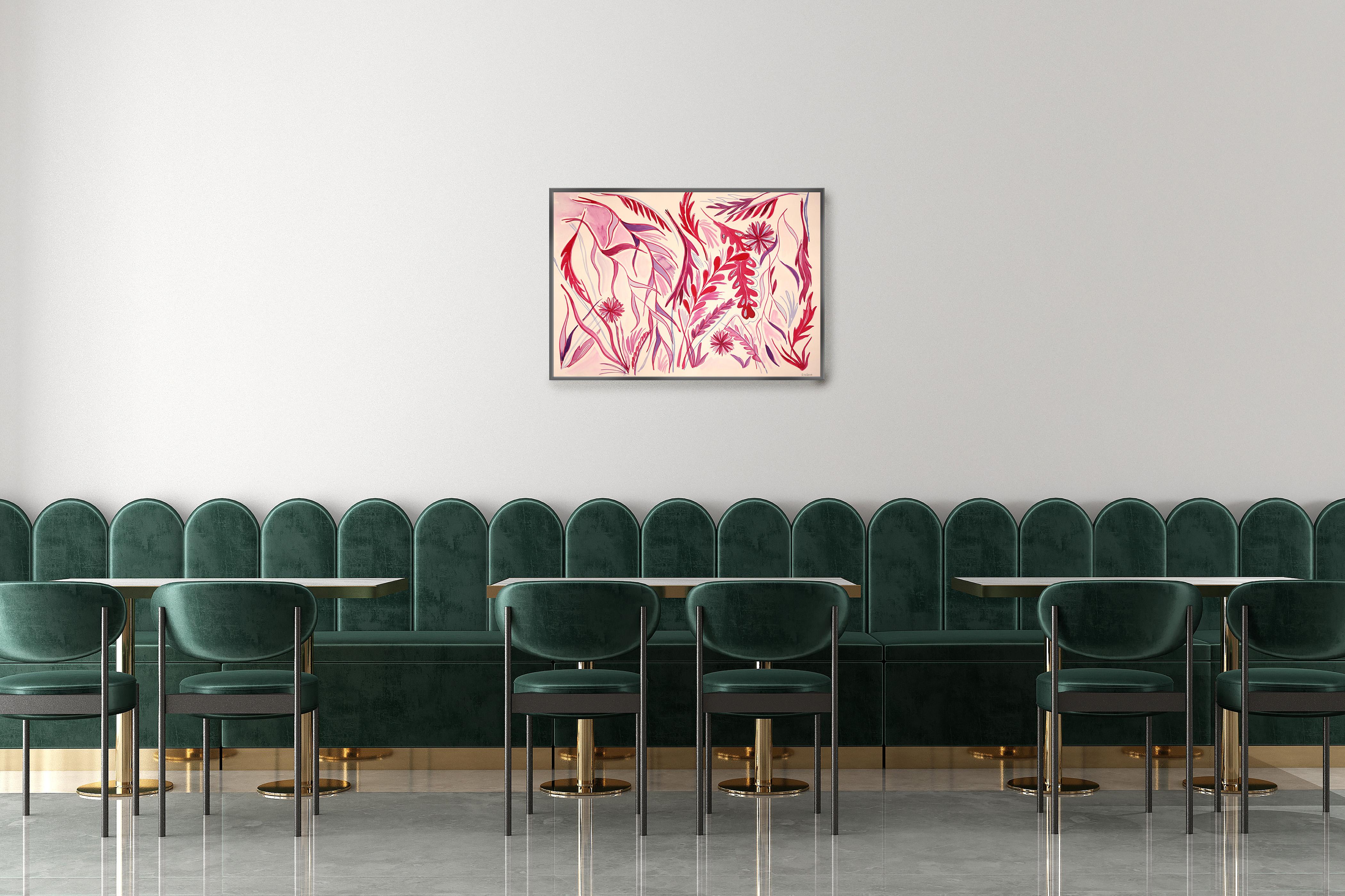El jardín rojo, estilo ilustración en tonos rojos, diente de león silvestre, hojas rosas - Landscape Painting Naranja de Romina Milano