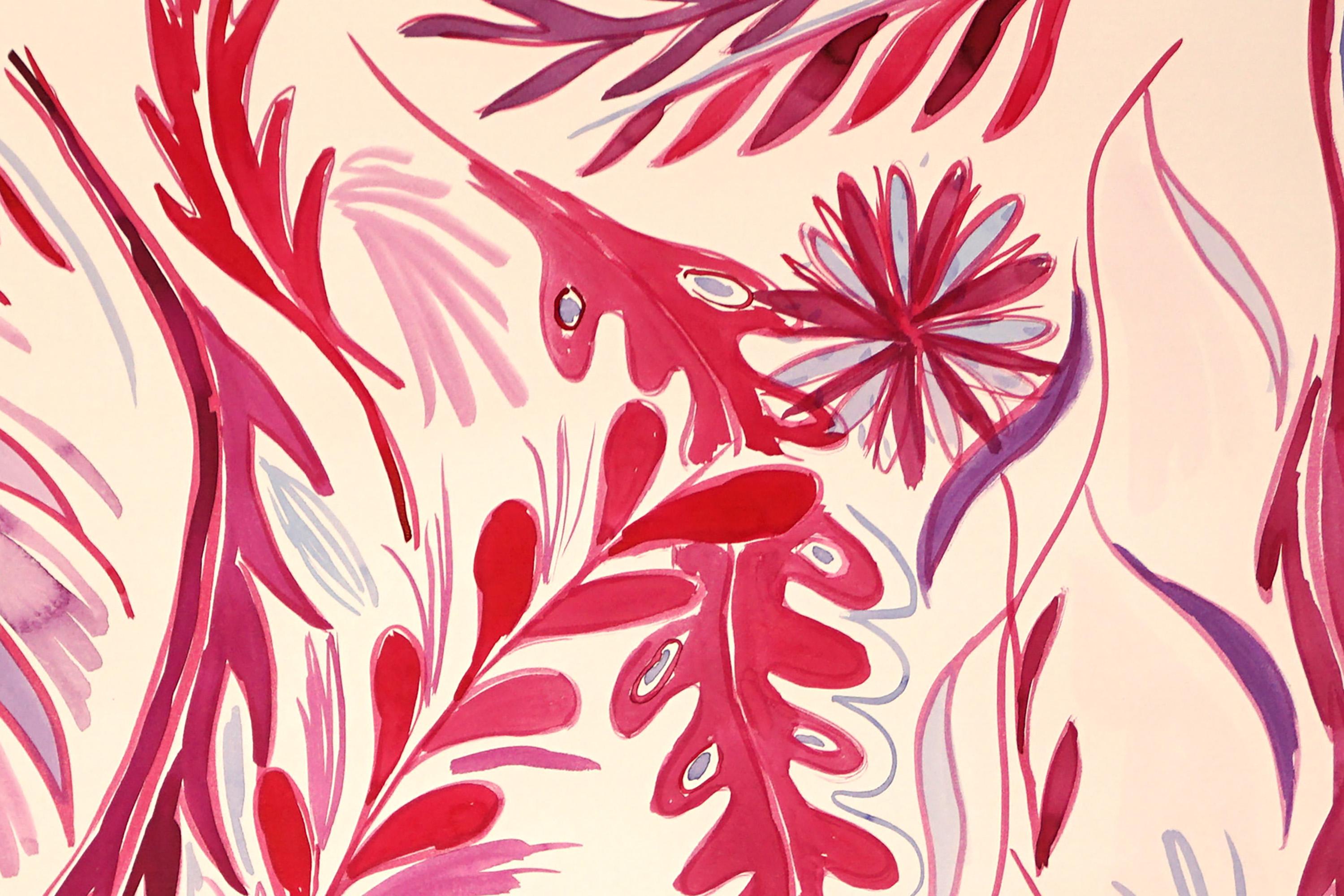 The Red Garden, Illustration Style in Red Tones, Wild Dandelion, Pink Leaves  For Sale 2