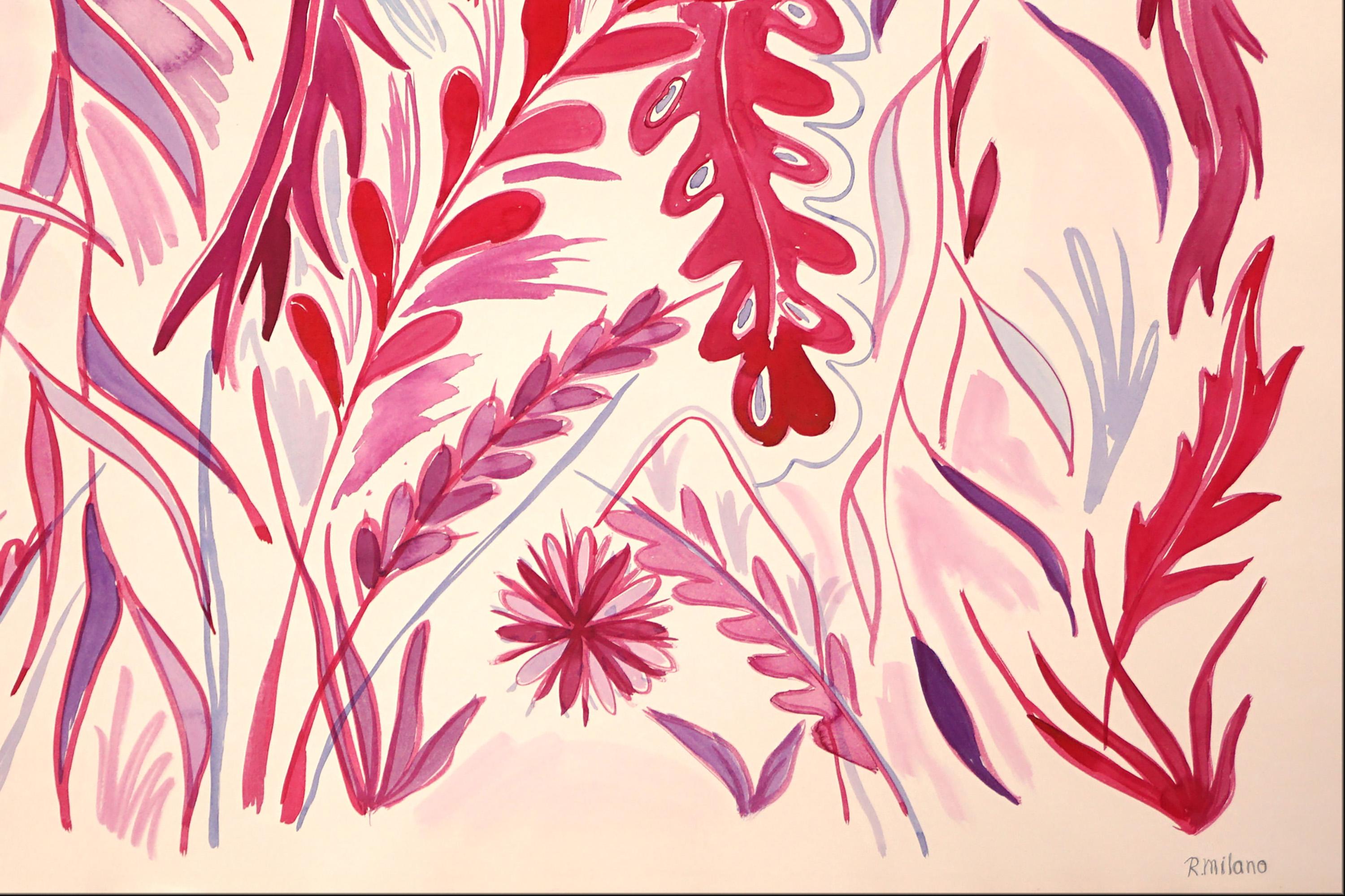 The Red Garden, Illustration Style in Red Tones, Wild Dandelion, Pink Leaves  For Sale 3