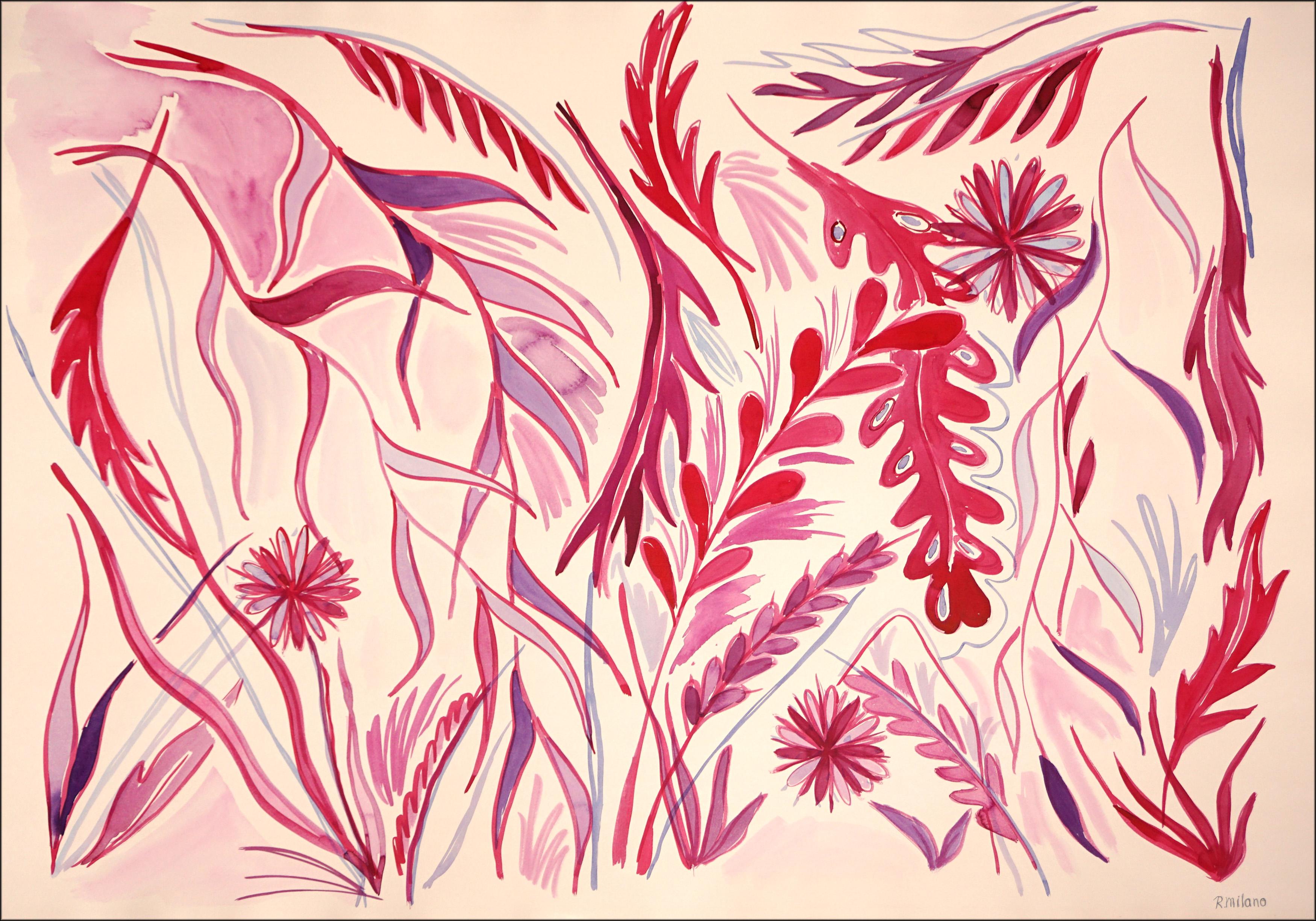 Romina Milano Landscape Painting - The Red Garden, Illustration Style in Red Tones, Wild Dandelion, Pink Leaves 