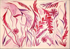 Der rote Garten, Illustrationsstil in Rottönen, Wilddandelion, rosa Blätter 