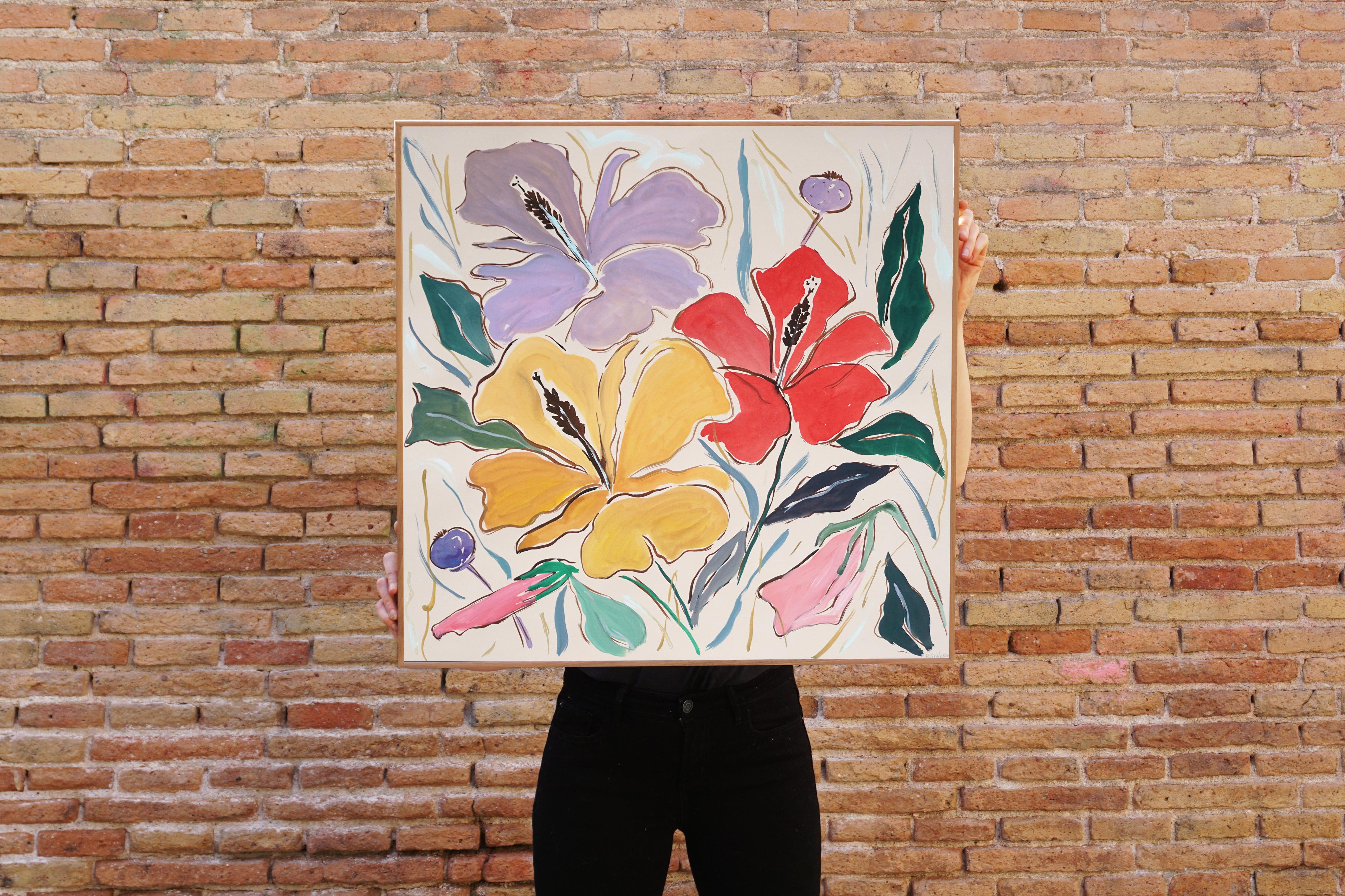 Hibiscus tricolore, grandes fleurs tropicales violettes, jaunes et rouges carrées  - Painting de Romina Milano