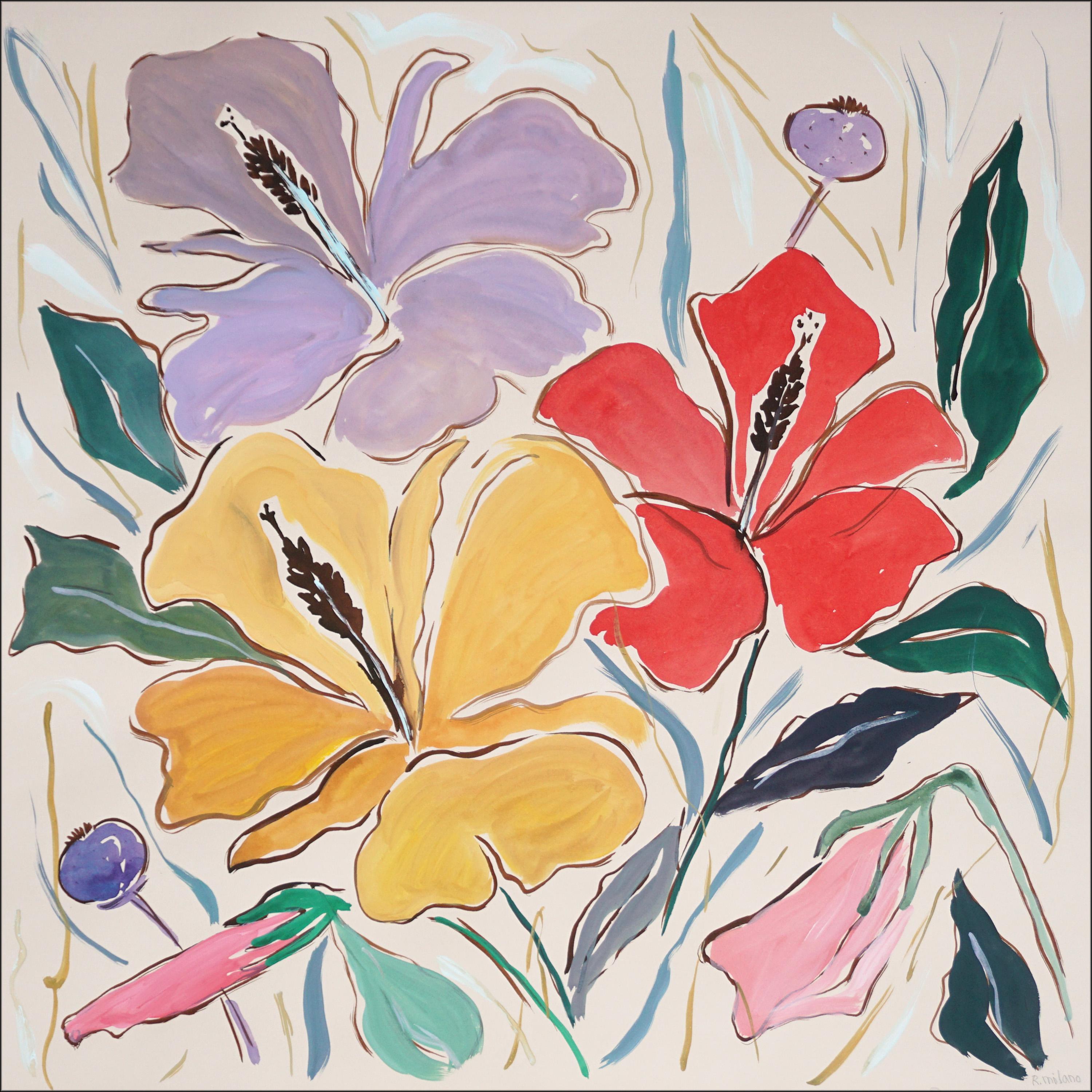 Romina Milano Landscape Painting - Three Colored Hibiscus, Large Tropical Flowers in Purple, Yellow & Red, Squared 