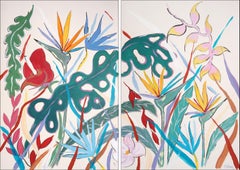 Tropical Abundance, Large Floral Diptych, Modern Tropical Art, Exotic Flowers