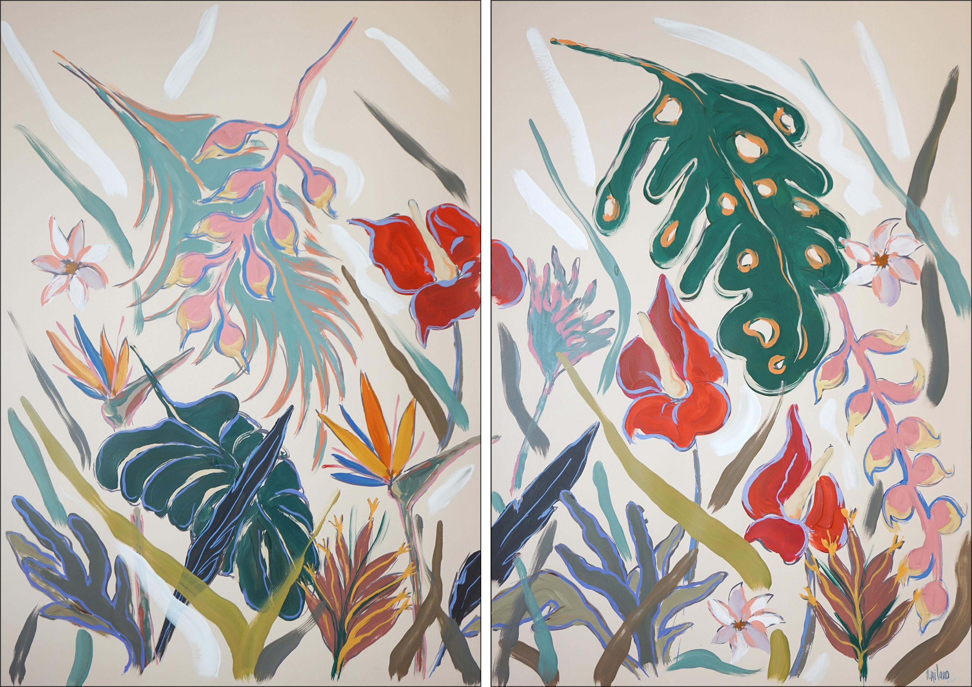 Tropical Abundance, Large Floral Diptych, Modern Tropical Art, Exotic Flowers
