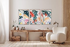 Tropical Abundance, Large Flowers Triptych, Paradise Garden Bouquet on Paper