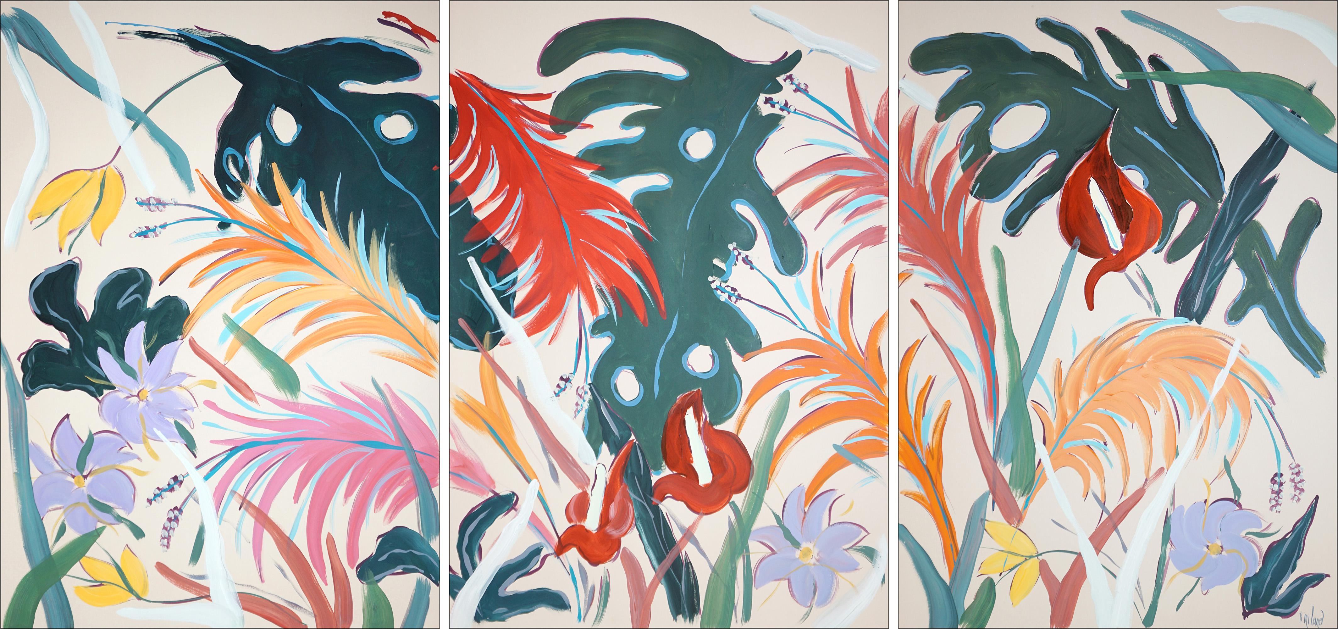 Tropical Abundance, Large Flowers Triptych, Paradise Garden Bouquet on Paper
