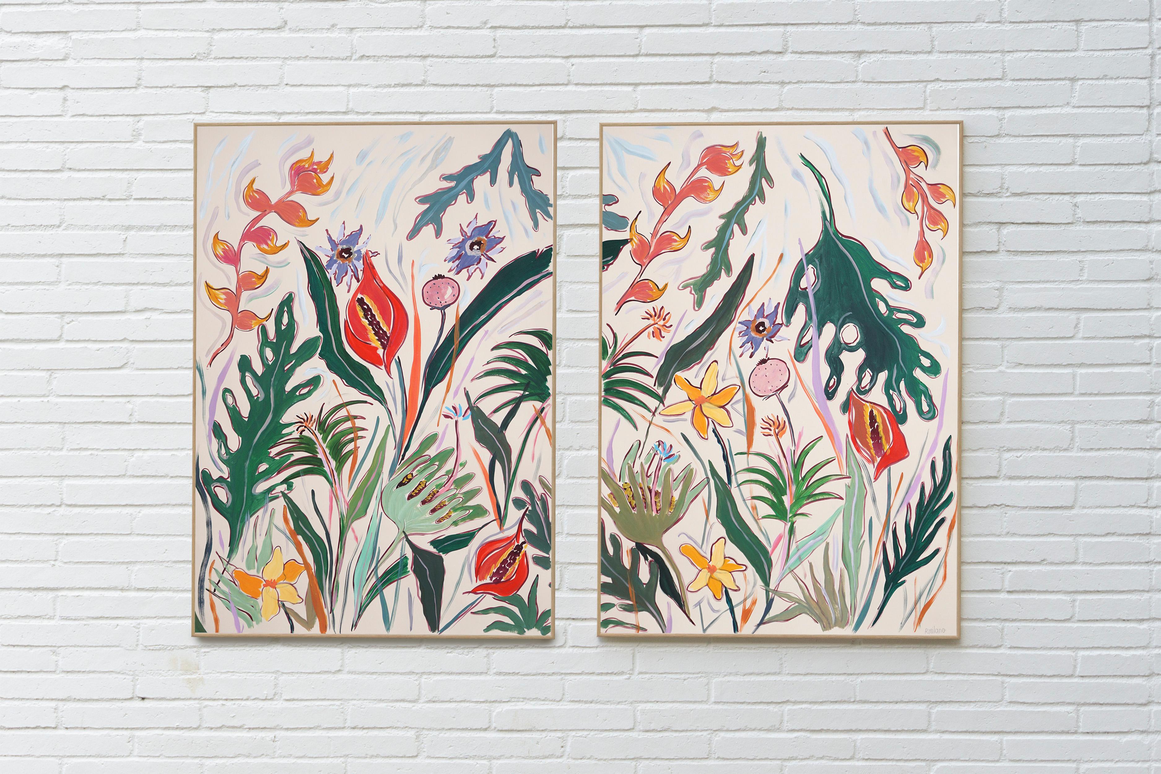 Tropical Flowers Garden, Illustration Style Diptych, Flamingo Plant Red Laceleaf - Painting by Romina Milano