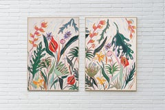 Tropical Flowers Garden, Illustration Style Diptych, Flamingo Plant Red Laceleaf